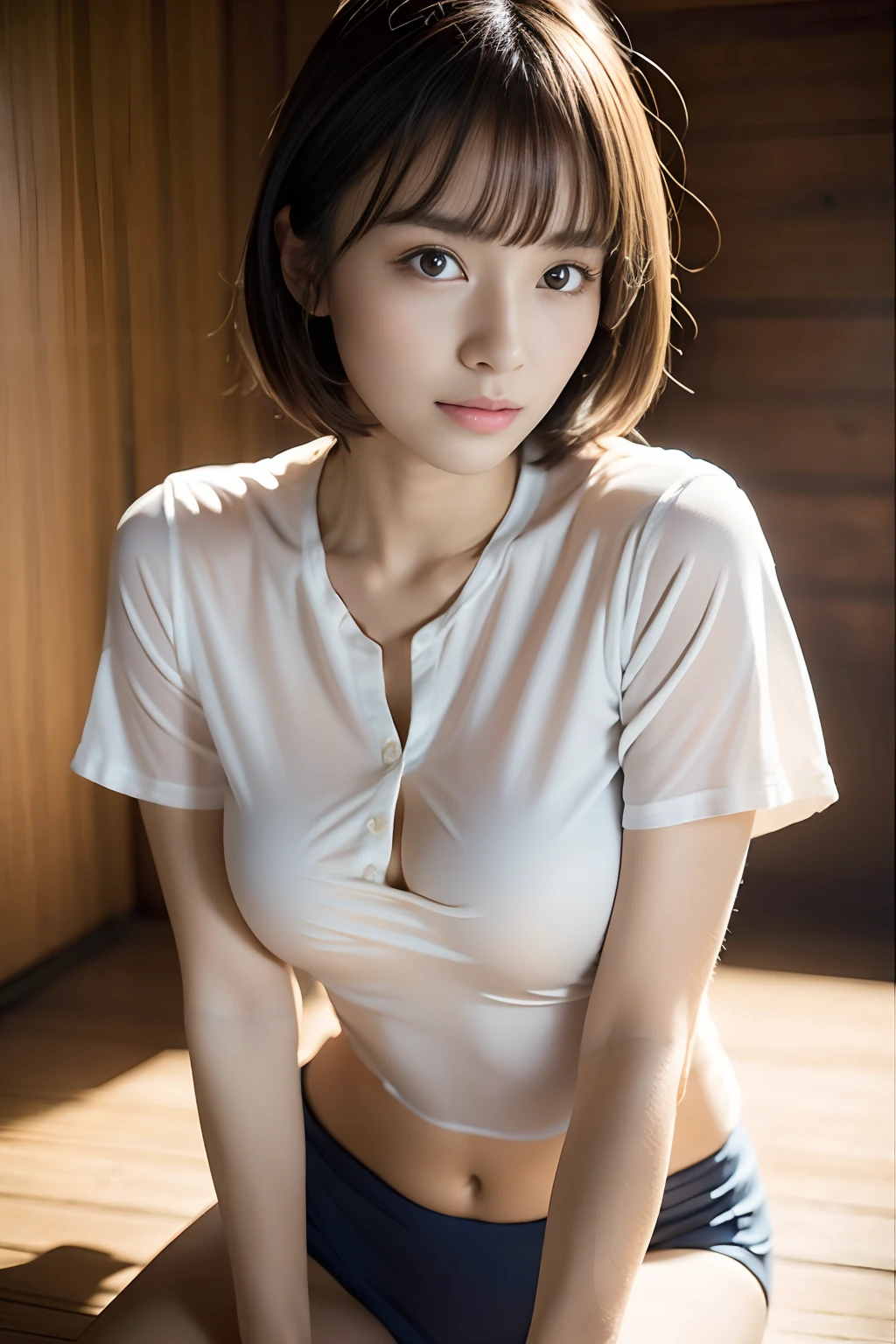 Detailed face, beautidful eyes, Photorealsitic, depth of fields, white t-shirts, maikurobikini,kneeking, 22year old, Bangs, small tits,Light brown short bob hair, Faint lips, Cowboy Shot, trembling, close to viewer, arms between legs