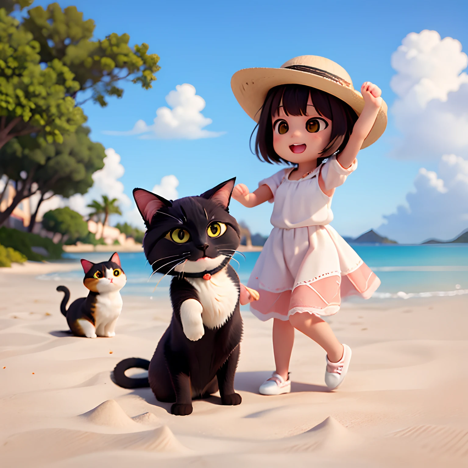 2 cat, 1 calico cat, 1 black cat, are dancing together with white hat in a beach, island on the background, there is so much shell on a sand