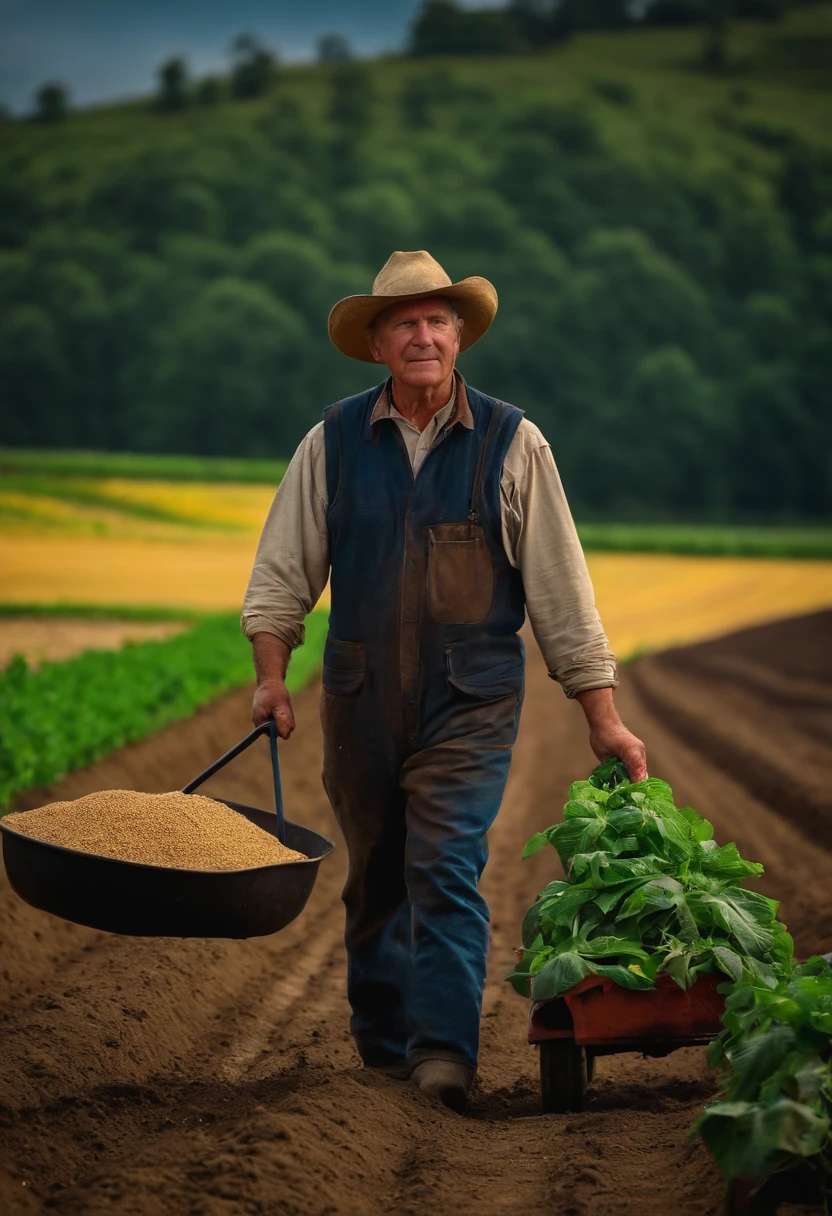 A farmer on his farm uses fertilizer on his farm