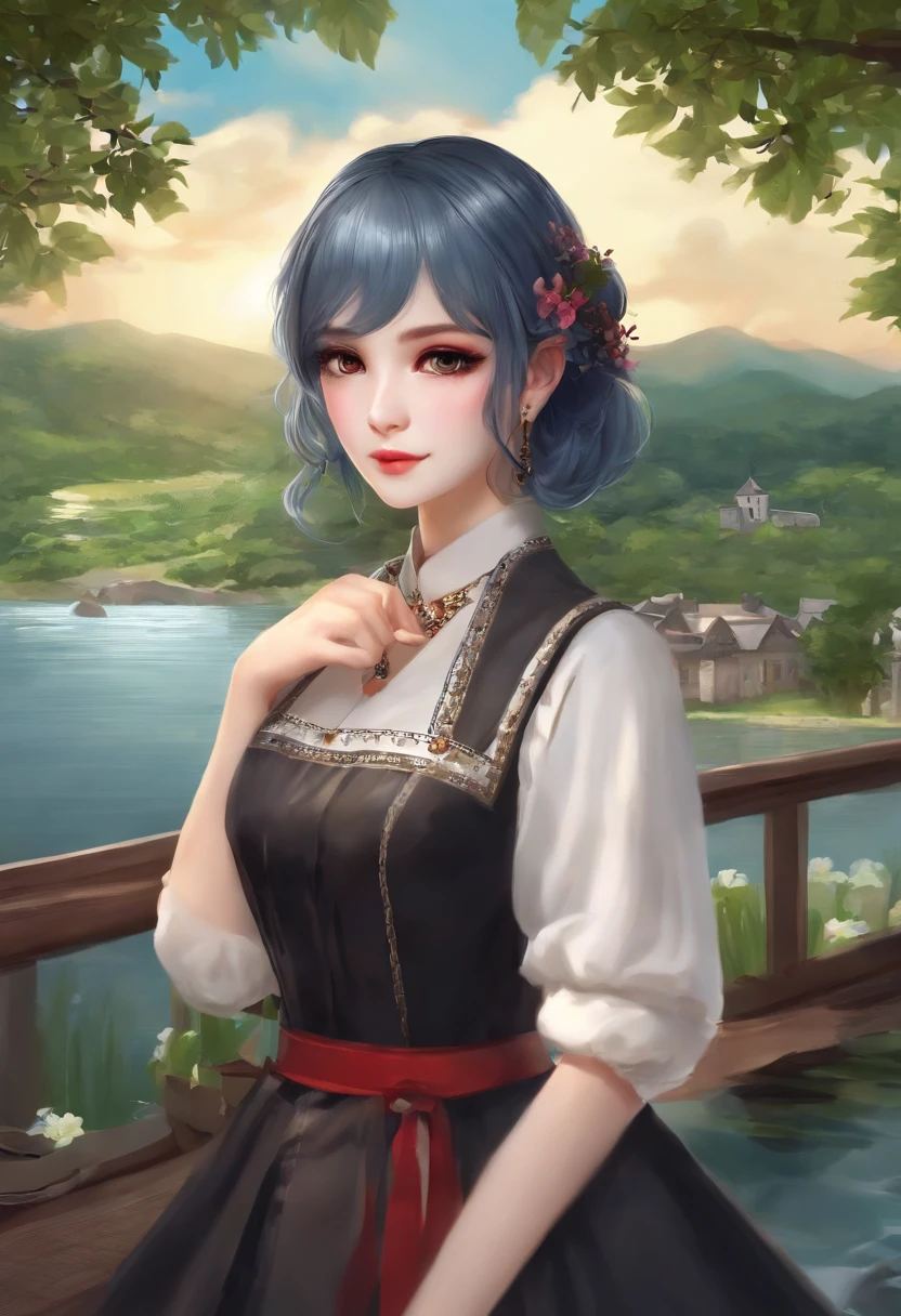 Draw a river with a small village, anime beautiful peace scene, Very beautiful landscape., Landscape art, Landscape Art Details, Very beautiful digital art., The beauty of natural landscapes, UHD 4K beautiful art, Very beautiful photos., beautiful nature, landscape wallpaper, really beautiful nature, beautiful digital artwork, beautiful background, Cherry trees, Anime style masterpiece, bestquality,3d rending jobs ,style  .3DMM,close up shot,portrait,  .3D,1girls, bara, multicolored hair, blue hair, Black Hair, necklace, freckles, jewelry, two-tone hair, sideways glance, Realistic, Upper body, simple background, bangs, look away, Short Hair Hair, parted lips, Black eyes, lips, gothic, choker, Makeup, moles, black shirt, shirt, Watermark young girl holding coffee cup in hand, Cute Girl, Nice cute face., Cute-adjusted-face, sakimi chan, chiho, Yoshitomo Nara, young cute face, beautiful japanese girls face, Brown hair and big eyes., Pretty Cute Girl, beauty