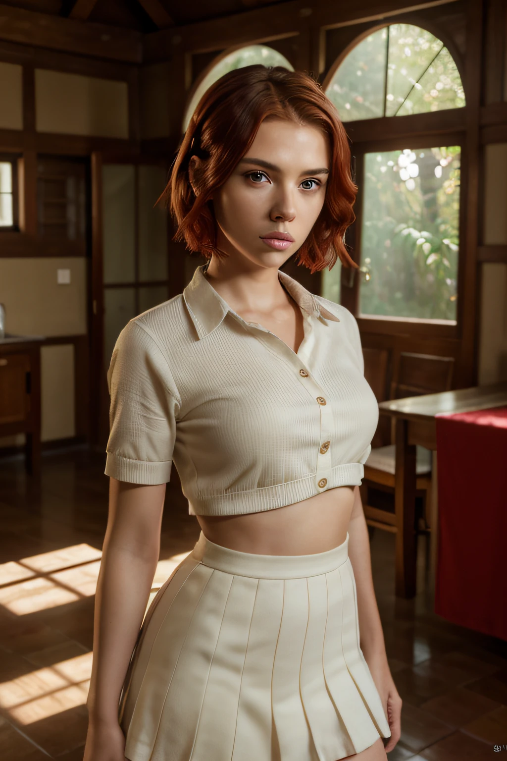 ((Realistic lighting, Best quality, 8K, Masterpiece: 1.3)), Clear focus: 1.2, 1girl like scarlett johansson,((na casa da floresta)), ((in the florest house)), Perfect Body Beauty: 1.4, Slim Abs: 1.1, ((red hair)), Super Fine Face, Fine Eyes, Double Eyelids, Pure Desire, slender, masterpiece, top quality, raw photo, photorealistic, face, incredibly absurd, beautiful girl, cute,short messy hair, depth of field, high resolution, ultra detail, fine detail, highly detailed, highly detailed eyes and face, sharp pupils, realistic pupils, sharp focus, cinematic lighting,schoolgirl uniform,