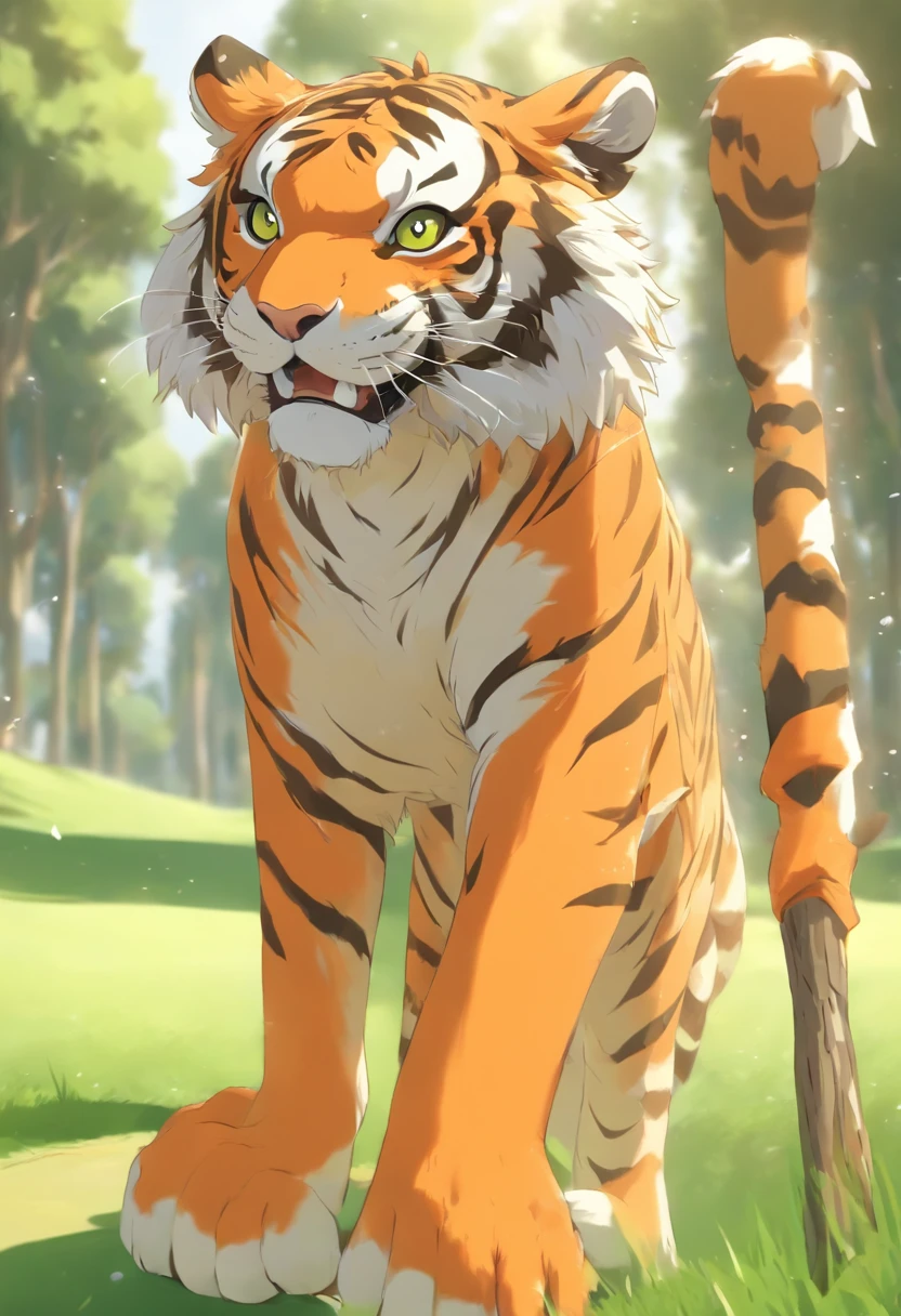 An orange cartoon tiger playing golf on the golf course，2.5 head body，The smile is bright，Eyes look into the distance，Movement coordination，Green top，grey shorts，Wear a white hat，Gloves on his hands。