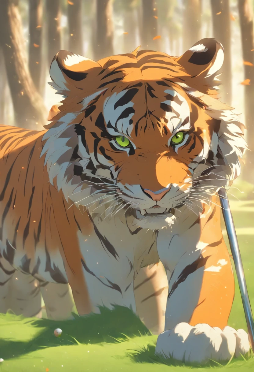An orange cartoon tiger playing golf on the golf course,2.5 head body,The smile is bright,Eyes look into the distance,Movement coordination,Green top,grey shorts,Wear a white hat,Gloves on his hands。