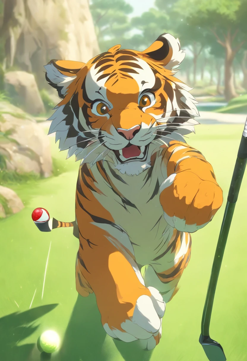 An orange cartoon tiger playing golf on the golf course，2.5 head body，The smile is bright，Eyes look into the distance，Movement coordination，Green top，grey shorts，Wear a white hat，Gloves on his hands。