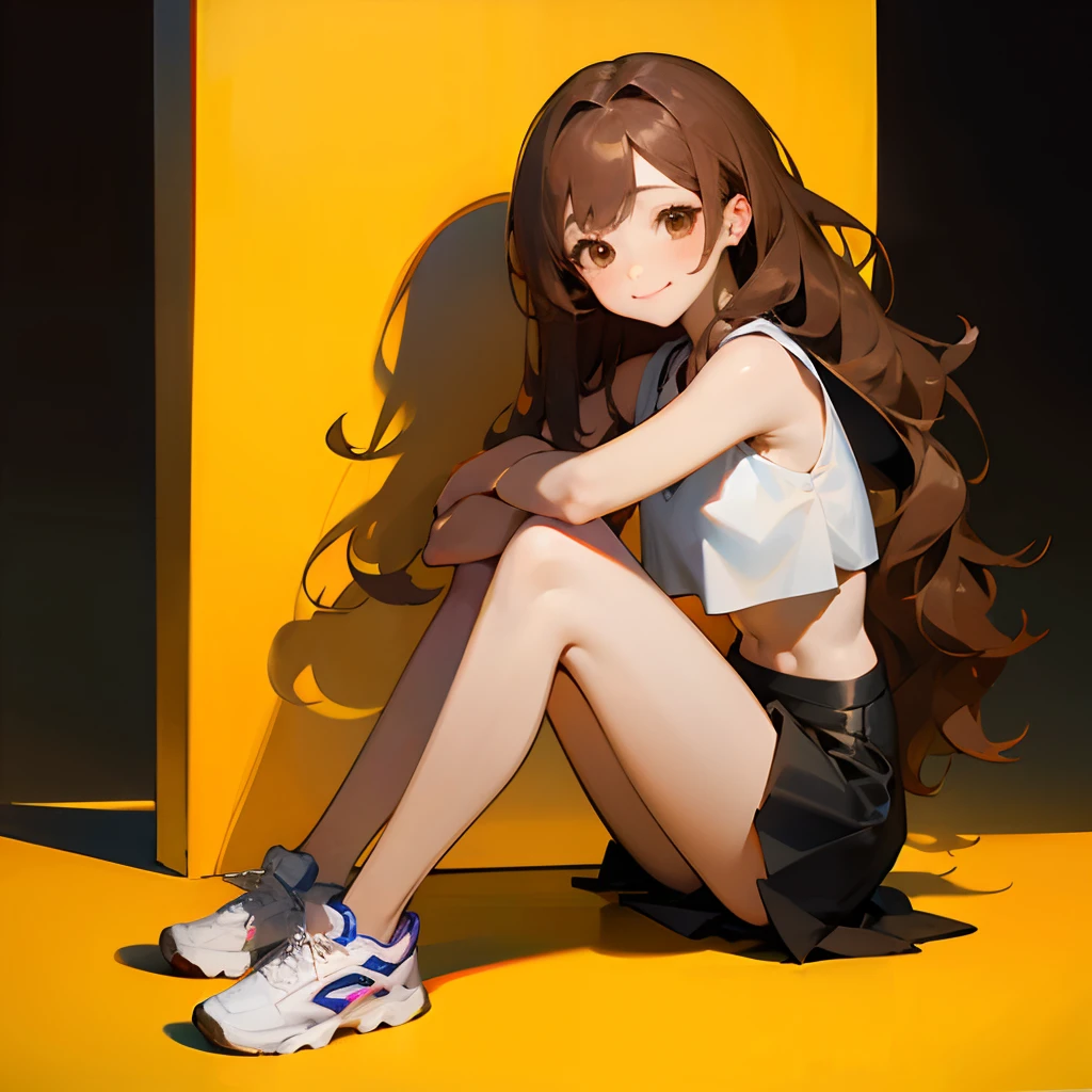 A  girl,long wavy brown hair,brown eye, Smiling,sits on knees,in a black skirt and crop top