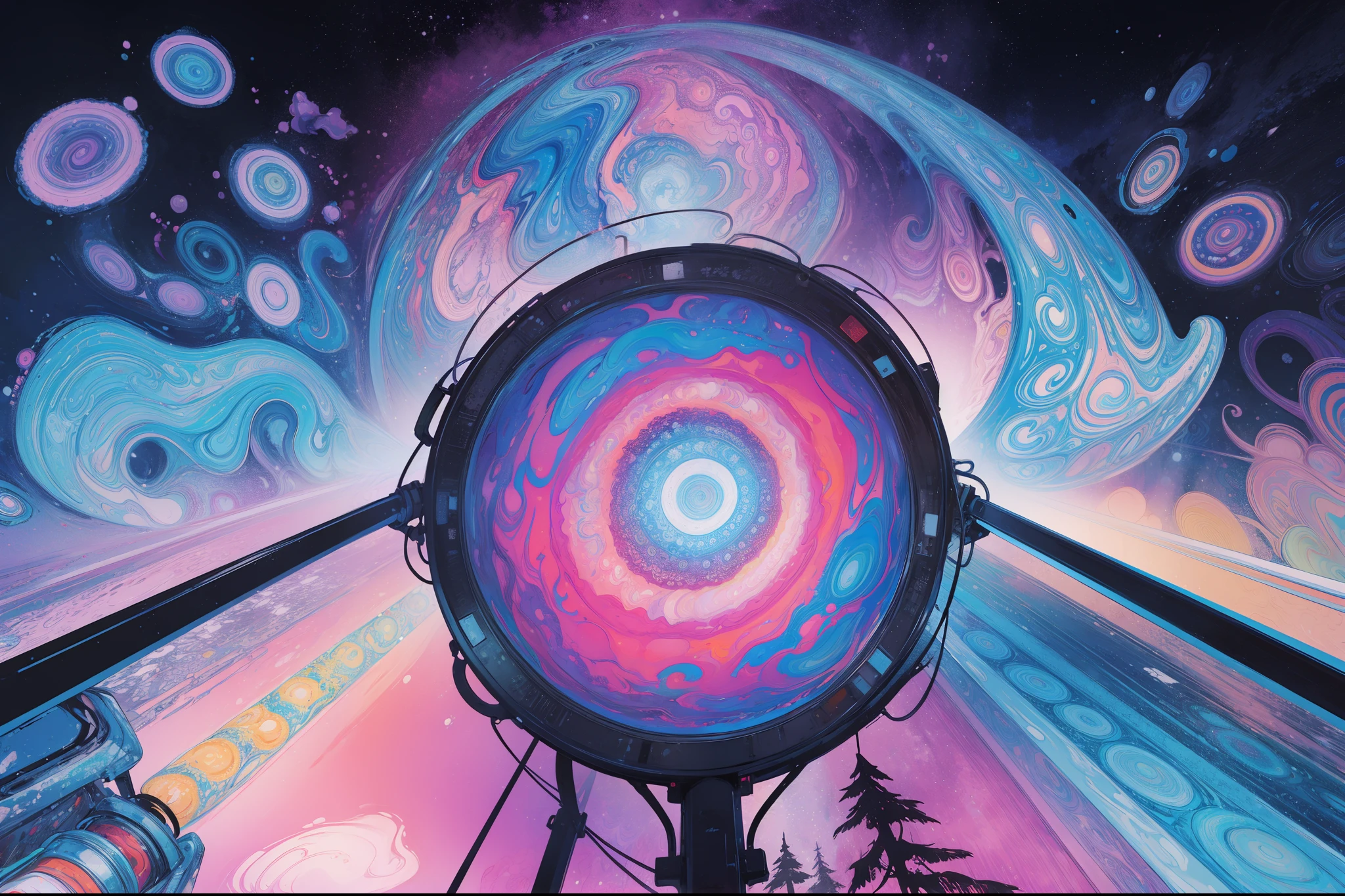 (psychedelic art:1.5), (from below:1.2), The snow-covered road snakes up into the sky