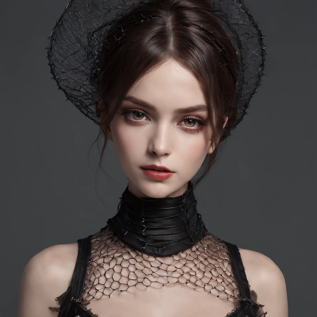 (best quality,4k,8k,highres,masterpiece:1.2),ultra-detailed,(realistic,photorealistic,photo-realistic:1.37),girl with gothic net symbolic clothes,barbed wire of the body,brunette color hair,gray hair ends,beautiful detailed eyes,beautiful detailed lips,extremely detailed eyes and face,long eyelashes,reflective jewelry,full of dark atmosphere,dark background,vivid colors,portrait