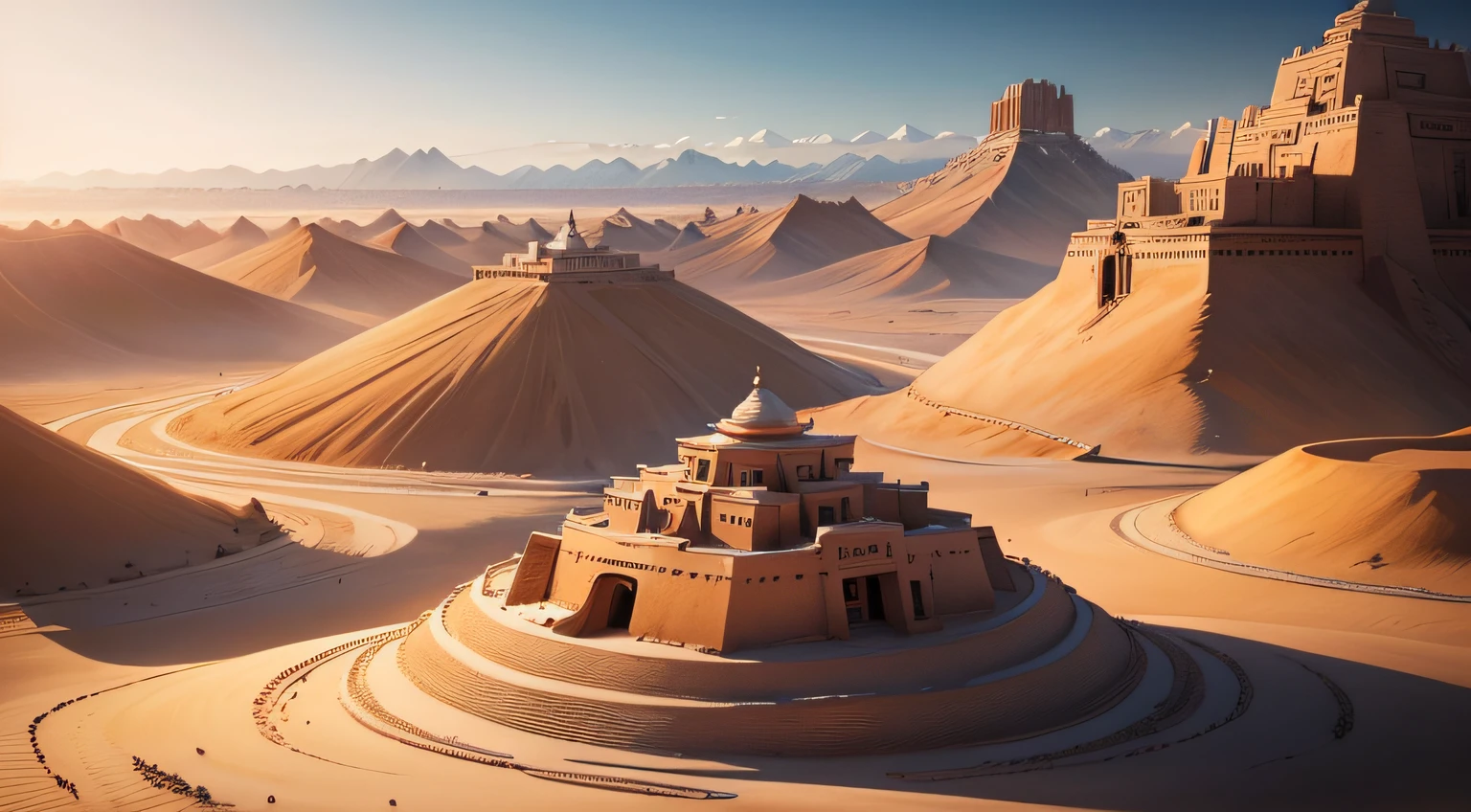 There is a desert, Tibetan landscape, ancient city landscape, legend of korra setting, ancient city of white stone, sci - fi mongolian village, Ancient Chinese architecture,tibetan inspired architecture,Mythical civilization, k hd