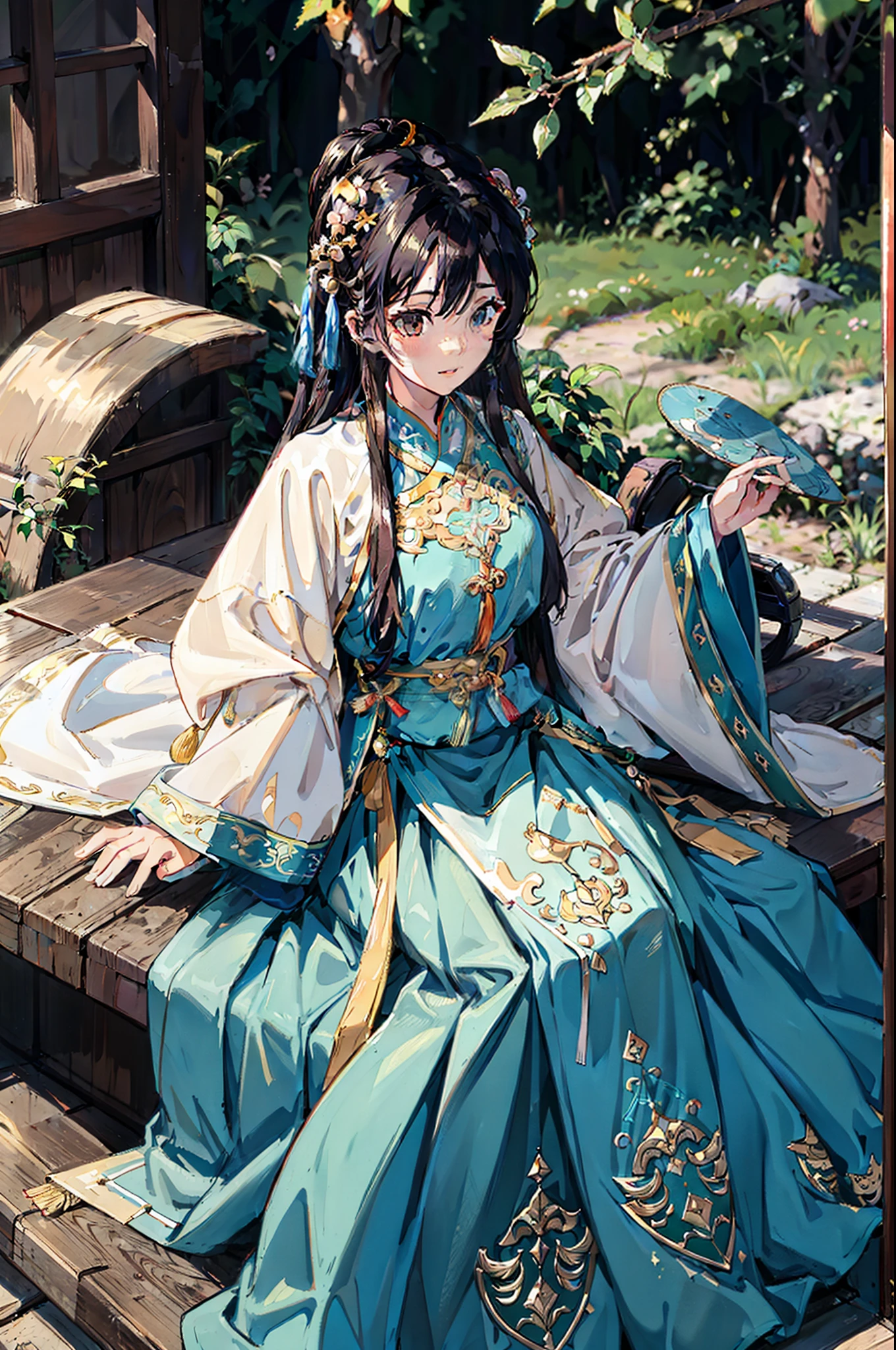 1girll，21yo，A detailed face，long whitr hair，naïve，alluring face，
Hanfu，Ming style，Lute-shaped sleeves，Mamian skirt，Long jacket，yunjian，
，golden colored，Interactive，sitting down，Add hand detail，Best quality at best，Complicated details，A high resolution，（Start from above：1.6）