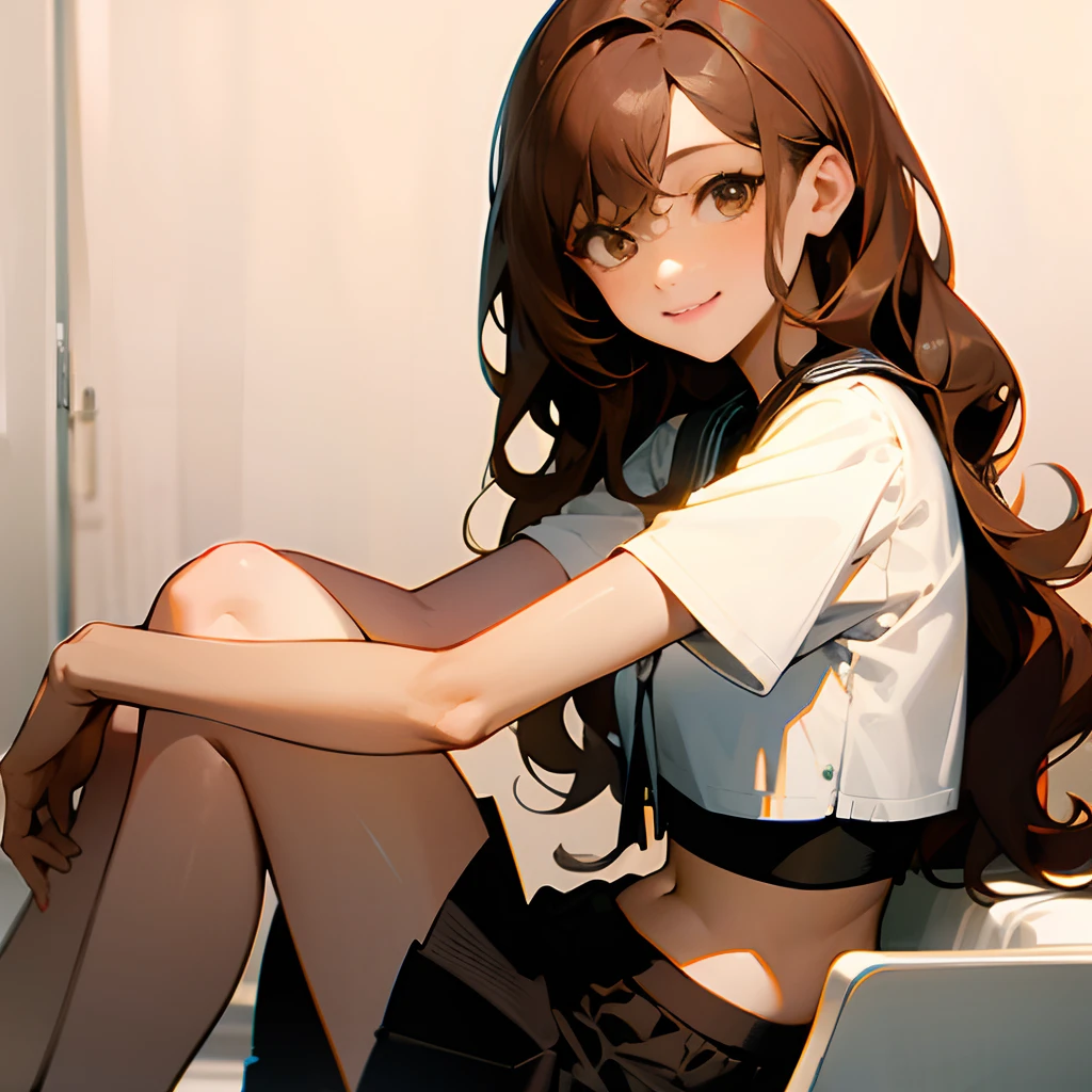 A girl,long wavy brown hair,brown eye, Smiling,sits on knees,in a black skirt and crop top