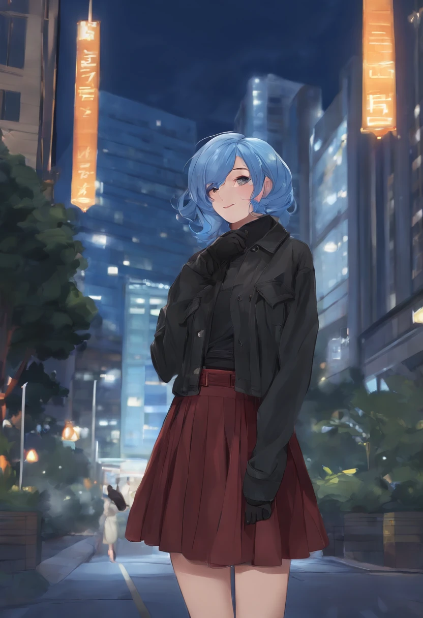 1girll, black_Skirt, Blue_Hair, Building, City, Cityscape, Hair_between_Eyes, Jacket, Looking_at_peeping at the viewer, mediating_Hair, Multicolored_Hair, multiple_Boys, Night, Off_Shoulder, Outdoors, pleated_Skirt, Road, shirt, Skirt, skyscraper, Smile, Solo_Focus, street, White_shirt