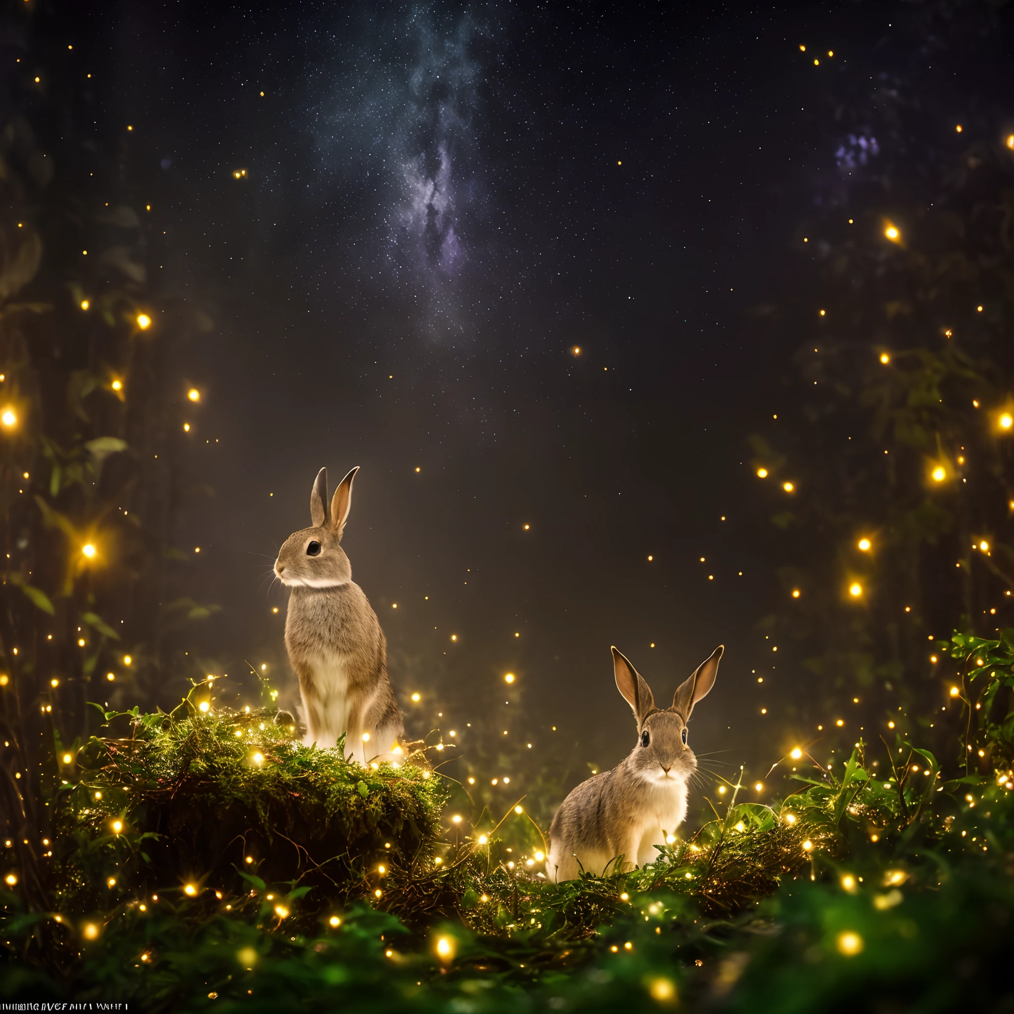 close up photo of a rabbit in an enchanted forest, nighttime, fireflies, volumetric fog, halation, bloom, dramatic atmosphere, centred, rule of thirds, 200mm 1.4f macro shot