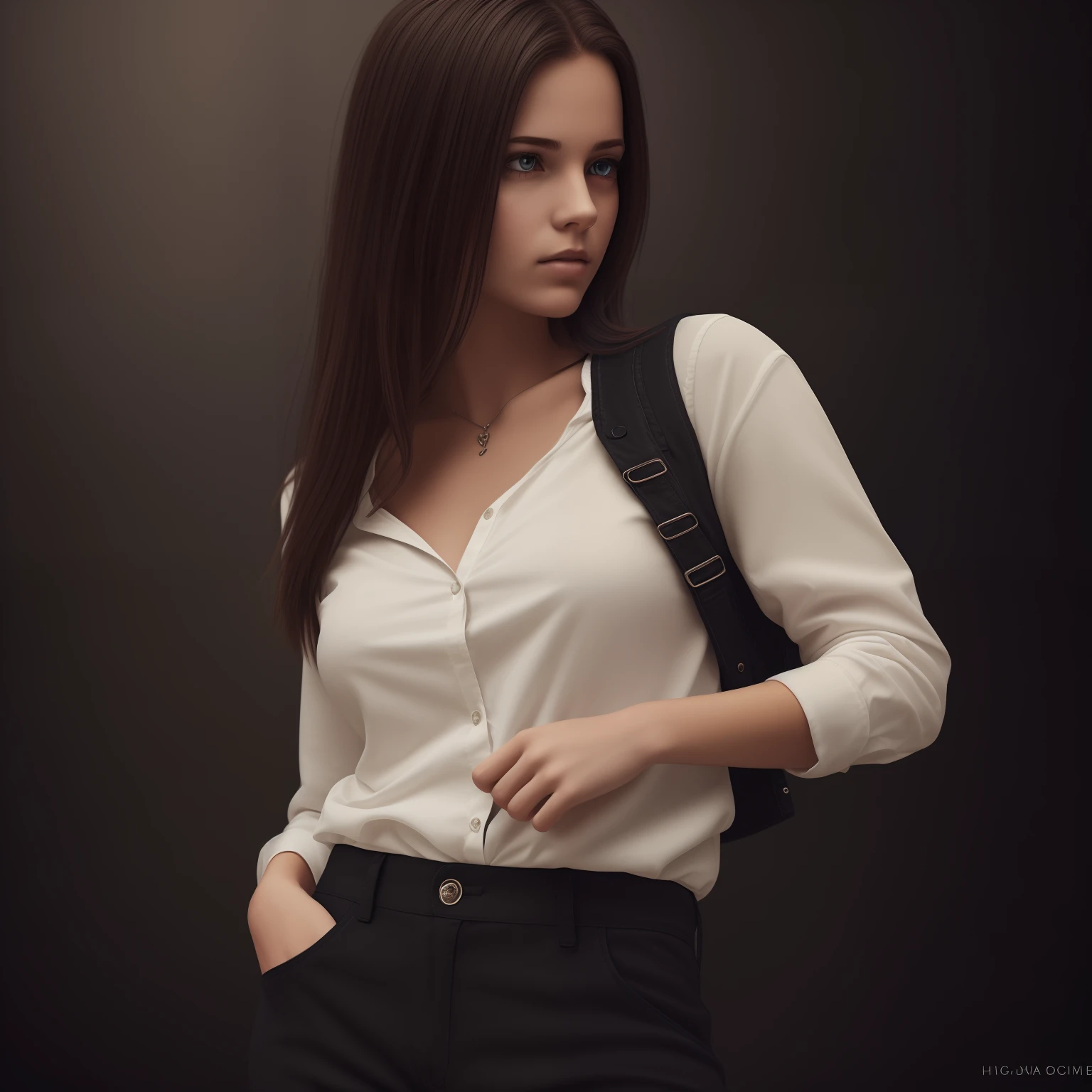 (Girl in black pants,Realistic),(Portrait,hight resolution),(Dark colors,moody lighting),(fine details),Classic style