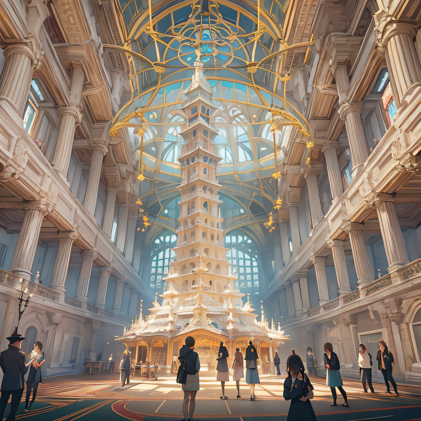 In a livestream room, the audience stares at a massive sugar cube that resembles an ancient architectural structure, like a pavilion or a tower, ,in the style of the stars art group xing xing, 32k, best quality, masterpiece, super detail, high details
