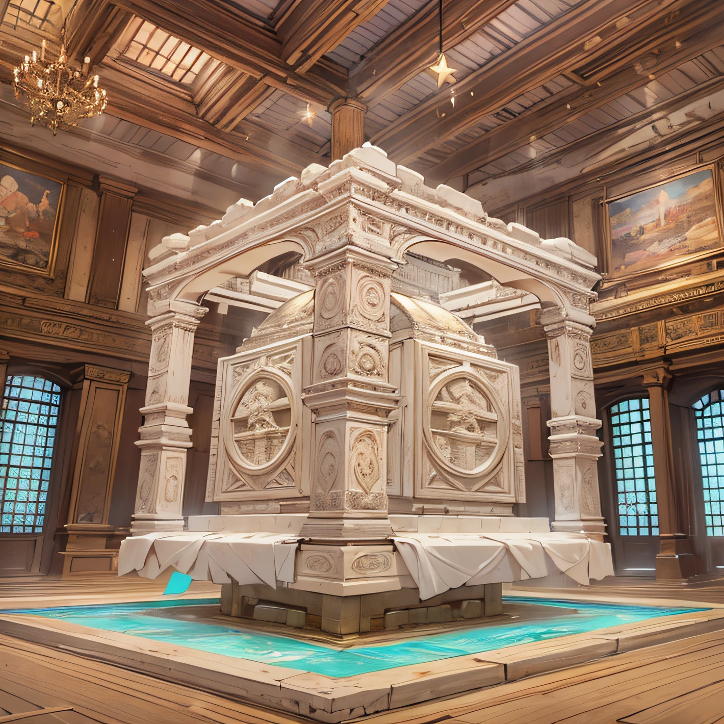 In a livestream room, the audience stares at a massive sugar cube that resembles an ancient architectural structure, like a pavilion or a tower, ,in the style of the stars art group xing xing, 32k, best quality, masterpiece, super detail, high details