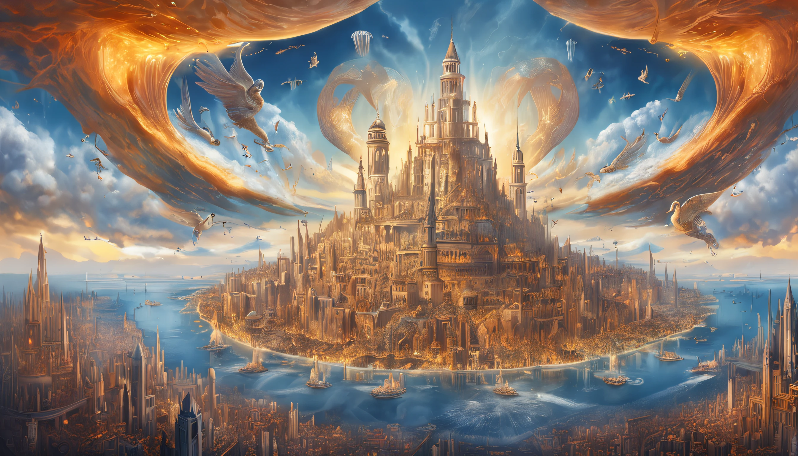 painting of a city with a castle surrounded by angels flying around, Empyrean City, divine realm of the gods, Utopian City, Golden Gates of Heaven!!!!!!!!, divine illumination, esoteric equation heaven, Heaven on Earth, breathtaking, breathtaking art, Floating city in the sky, futuristic utopian metropolis, Apocalyptik City, City in the Clouds, Elaborate matte painting