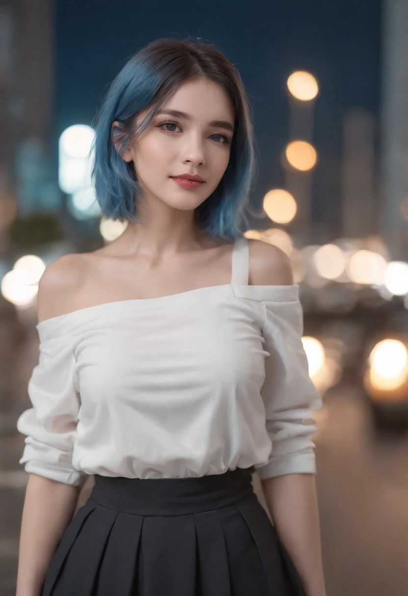 1girll, black_Skirt, Blue_Hair, Building, City, Cityscape, Hair_between_Eyes, Jacket, Looking_at_peeping at the viewer, mediating_Hair, Multicolored_Hair, multiple_Boys, Night, Off_Shoulder, Outdoors, pleated_Skirt, Road, shirt, Skirt, skyscraper, Smile, Solo_Focus, street, White_shirt
