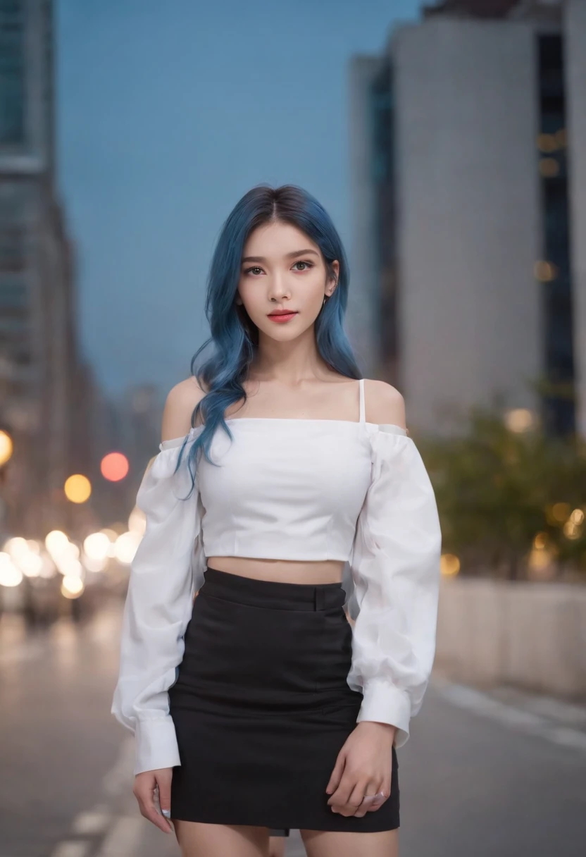 1girll, black_Skirt, Blue_Hair, Building, City, Cityscape, Hair_between_Eyes, Jacket, Looking_at_peeping at the viewer, mediating_Hair, Multicolored_Hair, multiple_Boys, Night, Off_Shoulder, Outdoors, pleated_Skirt, Road, shirt, Skirt, skyscraper, Smile, Solo_Focus, street, White_shirt