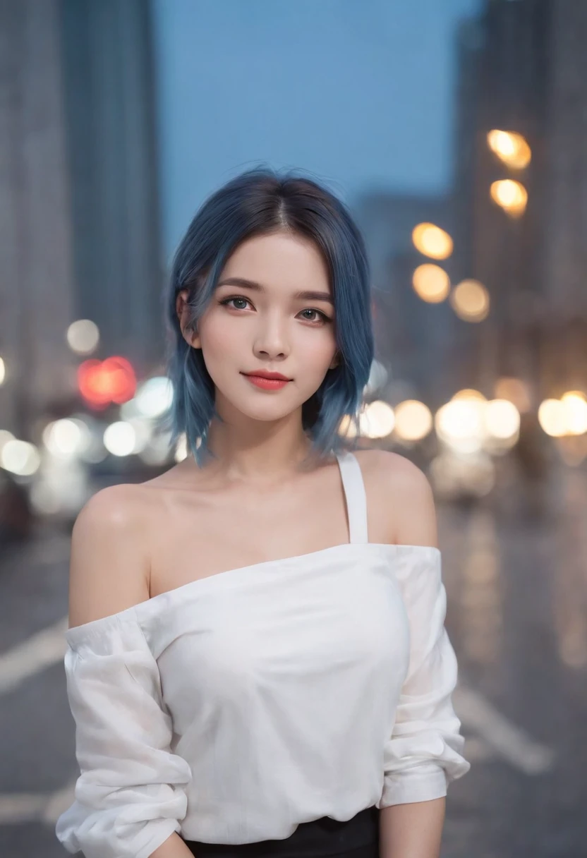 1girll, black_Skirt, Blue_Hair, Building, City, Cityscape, Hair_between_Eyes, Jacket, Looking_at_peeping at the viewer, mediating_Hair, Multicolored_Hair, multiple_Boys, Night, Off_Shoulder, Outdoors, pleated_Skirt, Road, shirt, Skirt, skyscraper, Smile, Solo_Focus, street, White_shirt