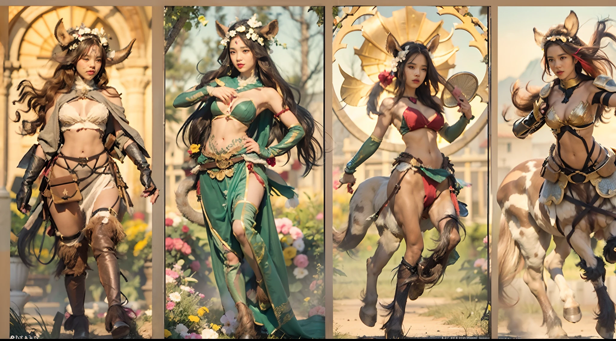 In the beautiful illustration of this super-grand scene,The ultra-distant lens shows us(Over eight separate and distinctive centaur characters:9.9),They all have their own characteristics,Vivid and interesting。Translucent fluid flowing from the(A radiant angelic centaur from the celestial realm:6.6),to the(A centaur surrounded by nightmarish flames:6.6)、And then(A fairy centaur dancing in the air:6.6)、And then there is(Unicorn centaur surrounded by lightning:6.6),to the(Mechanical style centaur with a metallic glow:6.6)、And then(Powerful colorful dragon scale centaur:6.6)、And then(Graceful and agile elf centaur slenderness:6.6)Gracefully wears a flower crown、to the(Enchanting and charming Tiflin centaurs:6.6)、And then(A succubus centaur with an indescribably sexy feeling:6.6)。Each character has their own unique charms and abilities。The illustration uses advanced artistic techniques and tools,(Use nesting、woven、stitching、ssee-through、arrange、grouping、Storyboards and other methods,Divide the scene into sections by geometric arrangement:9.9),Each section corresponds to a centaur character,This makes more efficient use of space。Through Midjourney's advanced brush tools、Color palette、Material packs and model packs、Texture tools,For each centaur, beautiful props are designed to increase racial characteristics、Clothing and physical features,(Enhances the character's personality and visual appeal:2.5),The scenery in the illustrations is stunning,There are changing skies、rainbowing、extreme light、Stars and Moon。Incorporating iconic landmarks such as Mount Everest,and fireworks、tranquil lake、Natural and urban elements of waves and neon lights,Creates a magical atmosphere,The centaurs display their unique abilities and equipment in a variety of environments,This is true even in extreme alien landscapes。(Use Midjourney's tools、Material packs、Texture tools、The color palette makes depicting details vivid and realistic:9.9),From complex hairstyles and as well as different racial tr