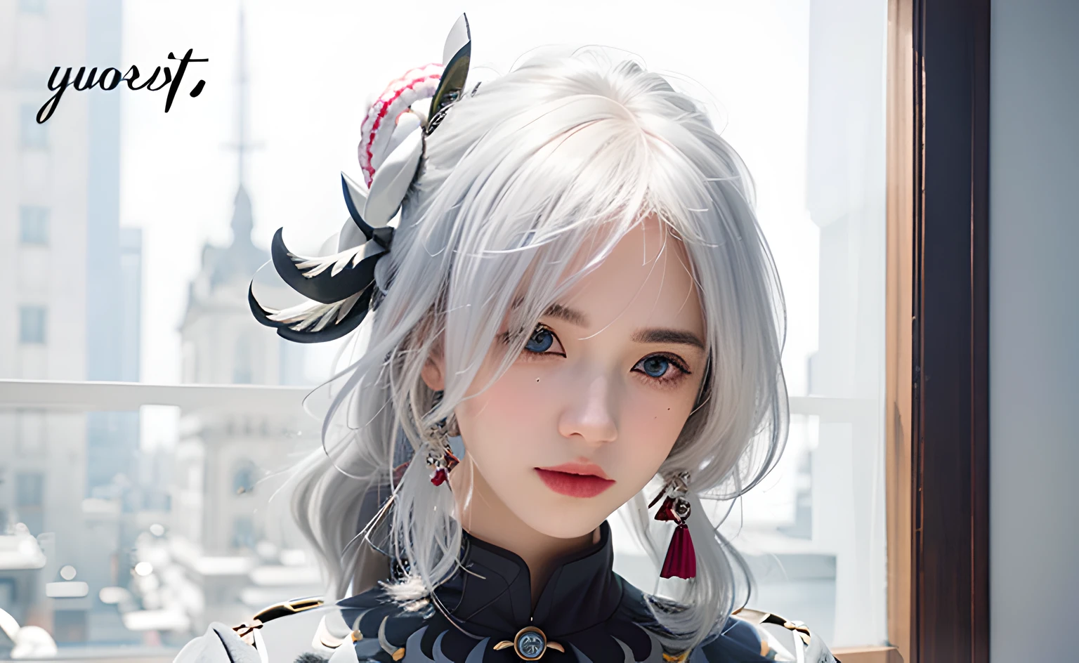 (photorealistic:1.4), best quality, masterpiece, ultra high res, 1girl, (detailed face:1.2), (detailed eyes:1.2), (detailed hair:1.2), (detailed clothes:1.2), 4k, (detailed color:1.2), (white hair:1.2), (looking at viewer:1.2), right eye covered by hair,