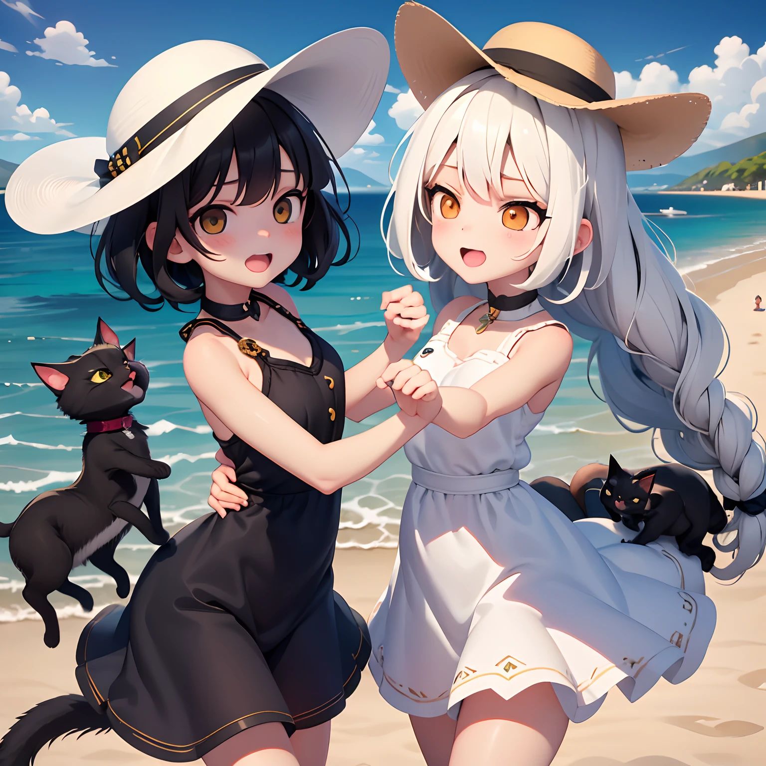 2girl , 1 calico cat, 1 black cat, girl are dancing together with white hat in a beach, island on the background, there is so much shell on a sand