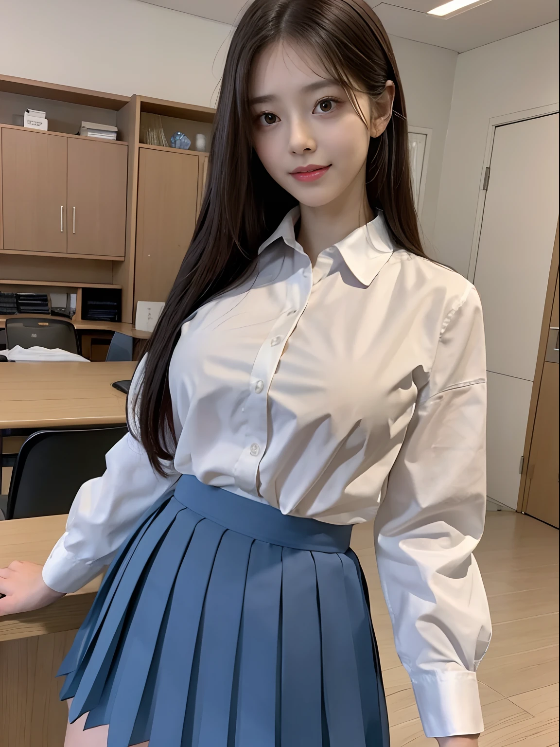 Top image quality　Raw photo　baby-face　(((A detailed face)))(((Detailed physique)))(((Model body type)))(((Sexy body)))(((NSFW)))(((Long hair that reaches to the waist )))(((student clothes)))Filming inside the school(((White collar shirt 1.0)))Remove the collar of the shirt　　　　　　　　　　　　　　　　　　　　　　　　　　　　(((Wearing a blue pleated skirt)))Girl posing at desk in Yankee style　looking-down　randome pose　Dynamic Poses　Looking at the camera　Angelic smile　　　　　　　　　　　　　　　(solofocus)　Random Situations　Random Stories