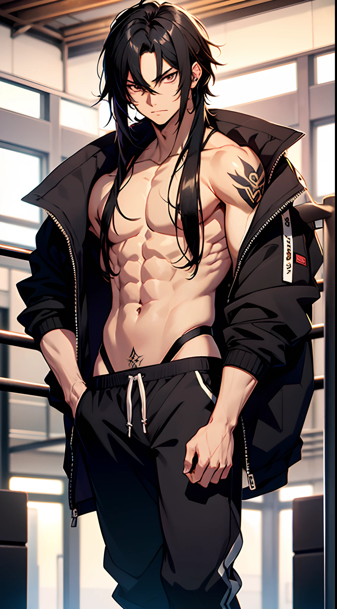 Yuijiro Hanma handsome, good body, Anime character, standing in the gym, decorated with devil tattoos, beautiful and clear muscles. His black hair is wild and unruly, his pants are black.
