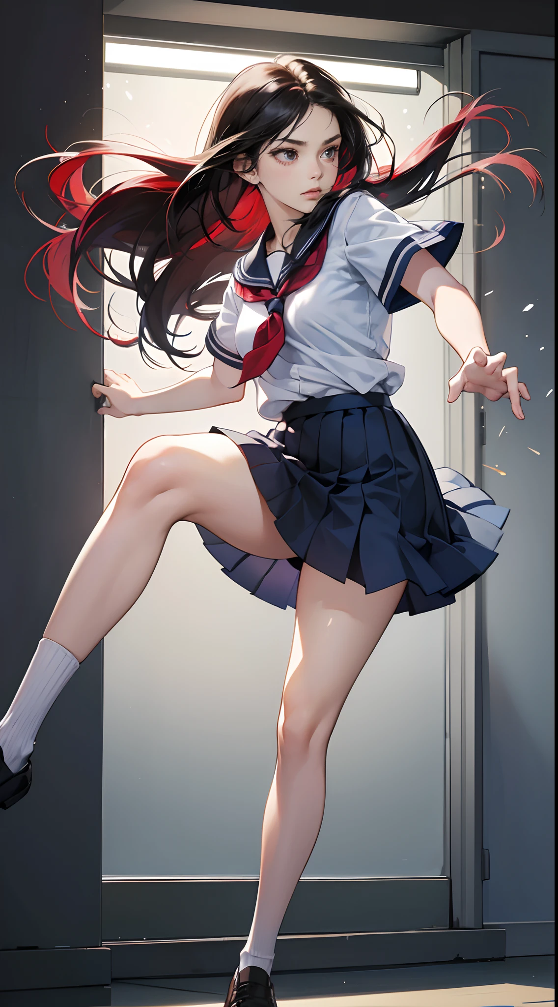(Best Quality,4K,High resolution), 18yo woman, Red mesh hair on black hair, Long hair, Straight hair, Cool Woman,,sharp eye ,fight,The right stance,Jump Kick,Cool kick motion,Battle Games,delicately painted, Realistic portrayal,Expresses the delicate texture of the skin in every detail,School classroom background,female high-school student,School Uniforms,Navy blue skirt,summer clothing, shortsleeves,