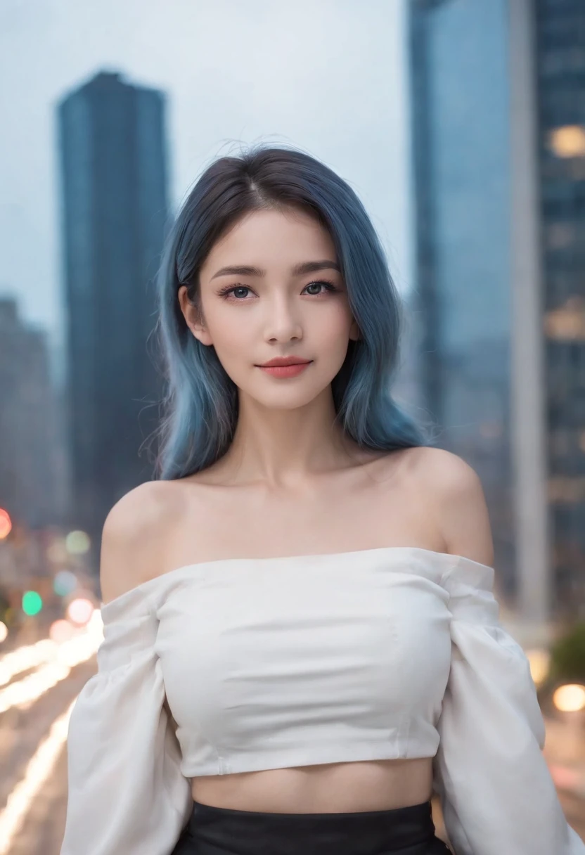 1girll, black_Skirt, Blue_Hair, Building, City, Cityscape, Hair_between_Eyes, Jacket, Looking_at_peeping at the viewer, mediating_Hair, Multicolored_Hair, multiple_Boys, Night, Off_Shoulder, Outdoors, pleated_Skirt, Road, shirt, Skirt, skyscraper, Smile, Solo_Focus, street, White_shirt,Exposed milk