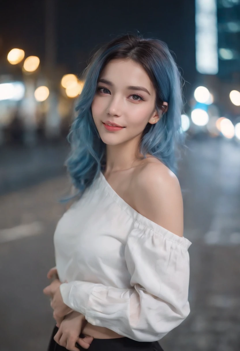 1girll, black_Skirt, Blue_Hair, Building, City, Cityscape, Hair_between_Eyes, Jacket, Looking_at_peeping at the viewer, mediating_Hair, Multicolored_Hair, multiple_Boys, Night, Off_Shoulder, Outdoors, pleated_Skirt, Road, shirt, Skirt, skyscraper, Smile, Solo_Focus, street, White_shirt,Exposed milk
