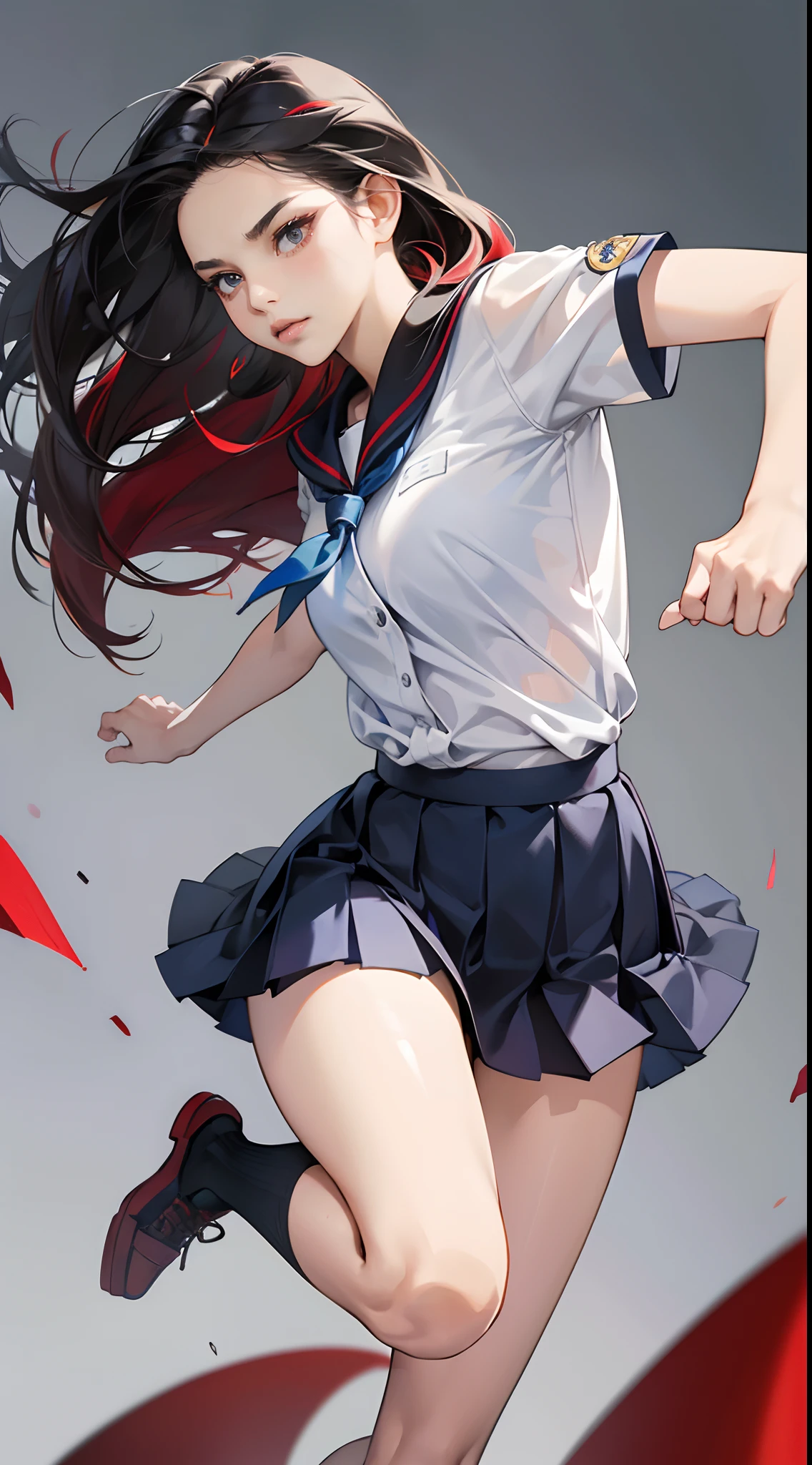(Best Quality,4K,High resolution:1.2), Ultra-detailed, Photorealistic, Black hair girl with red highlights, Long straight hair, Cool Girl, Sharp eyes, fierce look, Appropriate posture, Jumping Kick, Cool kick motion, Battle Scenes, Intricately detailed, Realistic portrayal, Delicate skin texture to the smallest detail, Classroom background, High school students, School uniform, Navy blue skirt, Summer attire, Short sleeves.