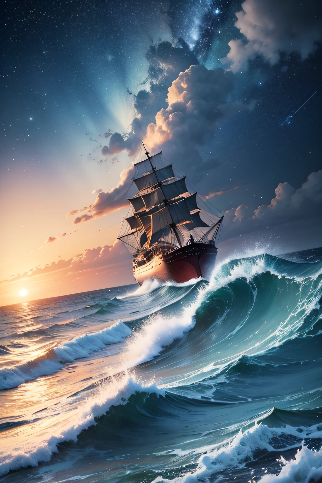 Ships at sea Dawn in front and Great waves in the rear Cartoon style White space Starry sky Shooting star