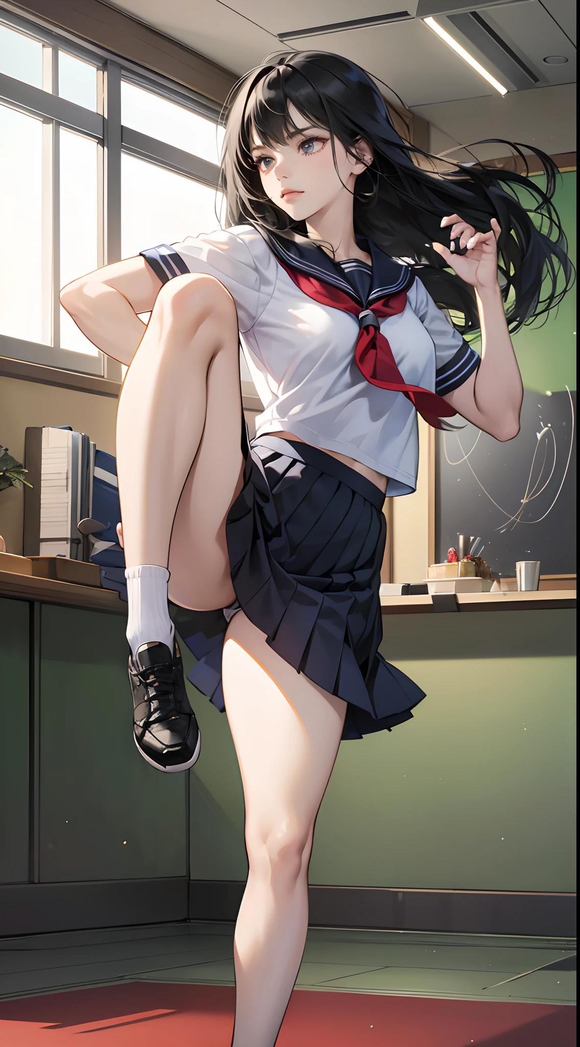 (Best Quality,4K,High resolution:1.2), Ultra-detailed, Photorealistic, Girl with black hair in red mesh, Long straight hair, Cool Girl, Sharp eyes, fierce look, Proper posture for battle scenes, Jumping Kick, Cool kick motion,,Kicking, Intricately detailed, Realistic portrayal, Delicate skin texture to the smallest detail, Classroom background, High school students, School uniform, Navy blue skirt, Summer attire, Short sleeves.