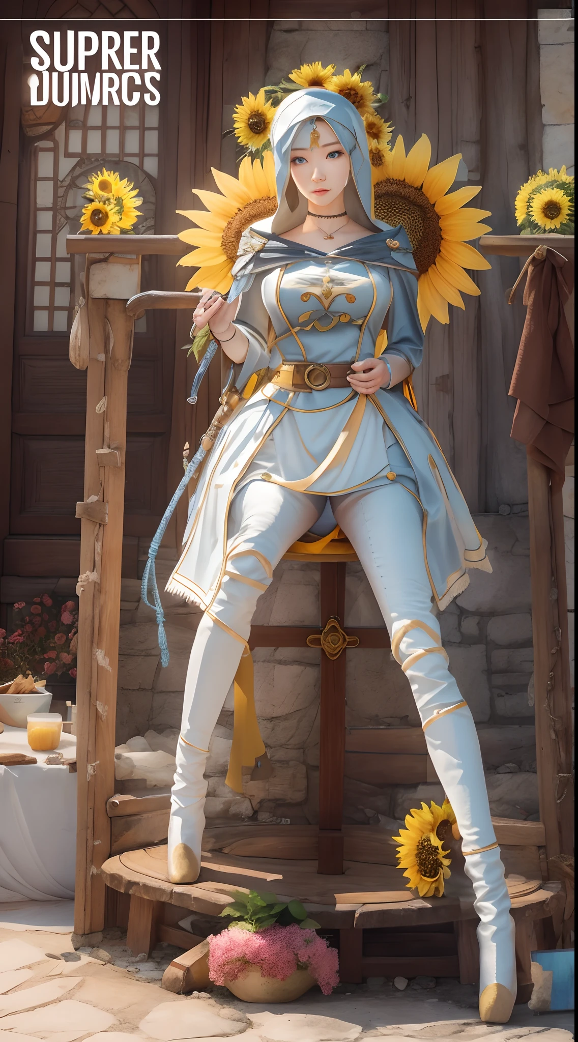 In a very grand scene,The extra-large wide-angle lens captures the appearance of a female centaur。She is a Sunflower Worship nun,Always opposed(Healing smiley face of knitted sunflower puppet😊:99.99)DOA。She is tall,It has the ultimate curvy beauty,The muscles are slender and firm,Beautiful lines。She has(Super huge sky blue eyes:99.99)、always(Wearing sexy glasses:6.66)、(She wears solemn nun attire:9.9)、Stepping on a boot-style skyscraper-heel、A pink cross hangs on his chest。Use Midjourney's advanced tools,Designed for female centaurs(A knitted sunflower puppet and create a super healing cartoon smiley face in the center of the flower tray as a decoration:9.9),and noble and solemn nun costumes,and highlight her unique physiological characteristics and appearance details,Add realism。And in the context of her prayers and listening to confessions,Spectacular views of nature,Such as the sky where storms and sunny days alternate、Brilliant rivers of stars and auroras、The snow-capped summit of Mount Everest、Fireworks in the mountain town, etc。ao mesmo tempo,Away from the hustle and bustle next to the chapel,Create a fantastic scene。Use Midjourney's advanced tools and multiple color palettes、Brush Strokes、Texture tools and model packages,It shows a sense of atmosphere where beauty and charm coexist。The charm of the female centaur is highlighted through color and lines,Enhance realism with detailing,Create a surreal dreamy feeling。Additionally,Use Midjourney's tools to add various exorcism props and books to the female centaur、pergaminhos,Create intricate hairstyles and outfits,Give her a sense of premium。She never flinches,No matter what monster you encounter,can respond quickly,Even the most extreme armies of natural disasters and monsters could not stop her and her front(Sunflower with Tyndall effect that emits sunlight9.99)。Use Midjourney's powerful tools,You can do it with incredible detail and beauty,Bring this ultra-grand and beautiful scene to life。Ultra-grand scenes,s