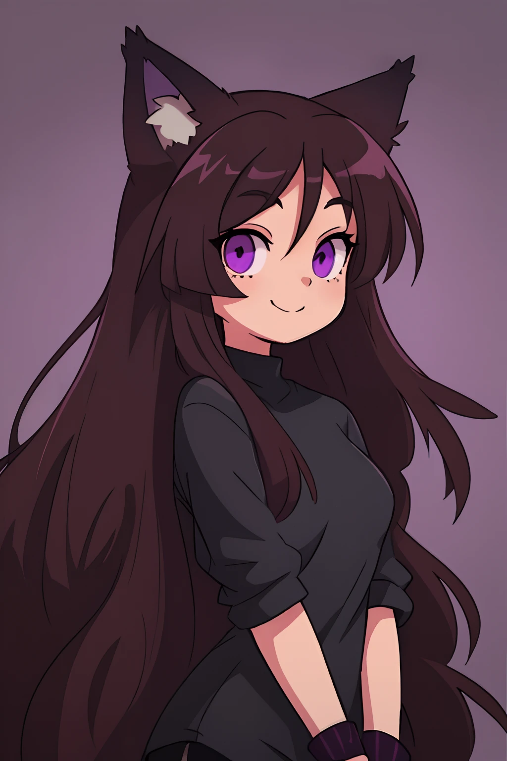 1 girl brown, hairlong, Long hair, Purple eyes in front of your eyes, black clothing , wolf ears, Happy