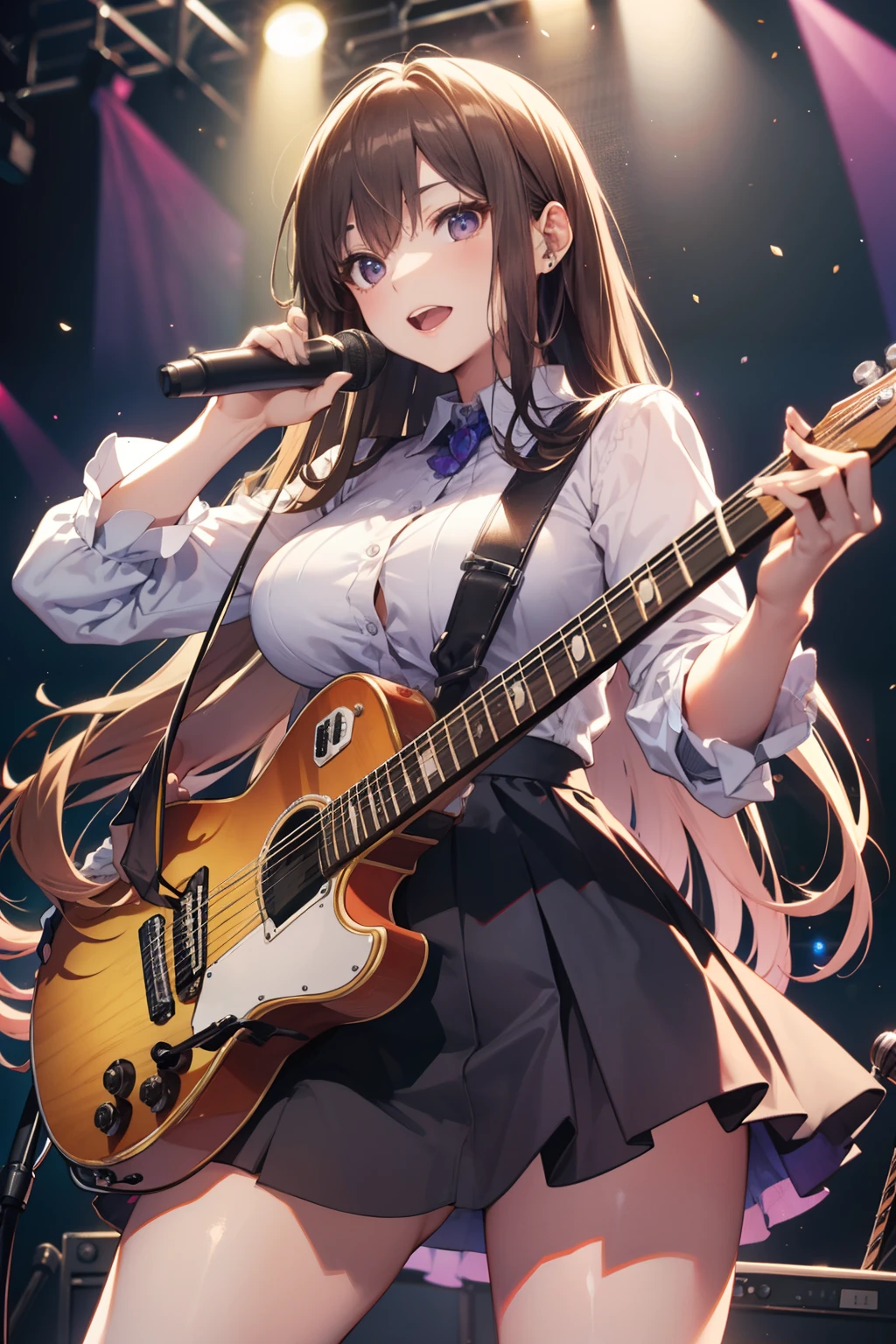 top-quality、Full limbs、complete fingers、Slender beauty、straight haired、Brown hair、Deleste、Blue, White and purple idol costume、high socks、Beautiful Large Breasts、Live Stage、Singing、Pulling the guitar