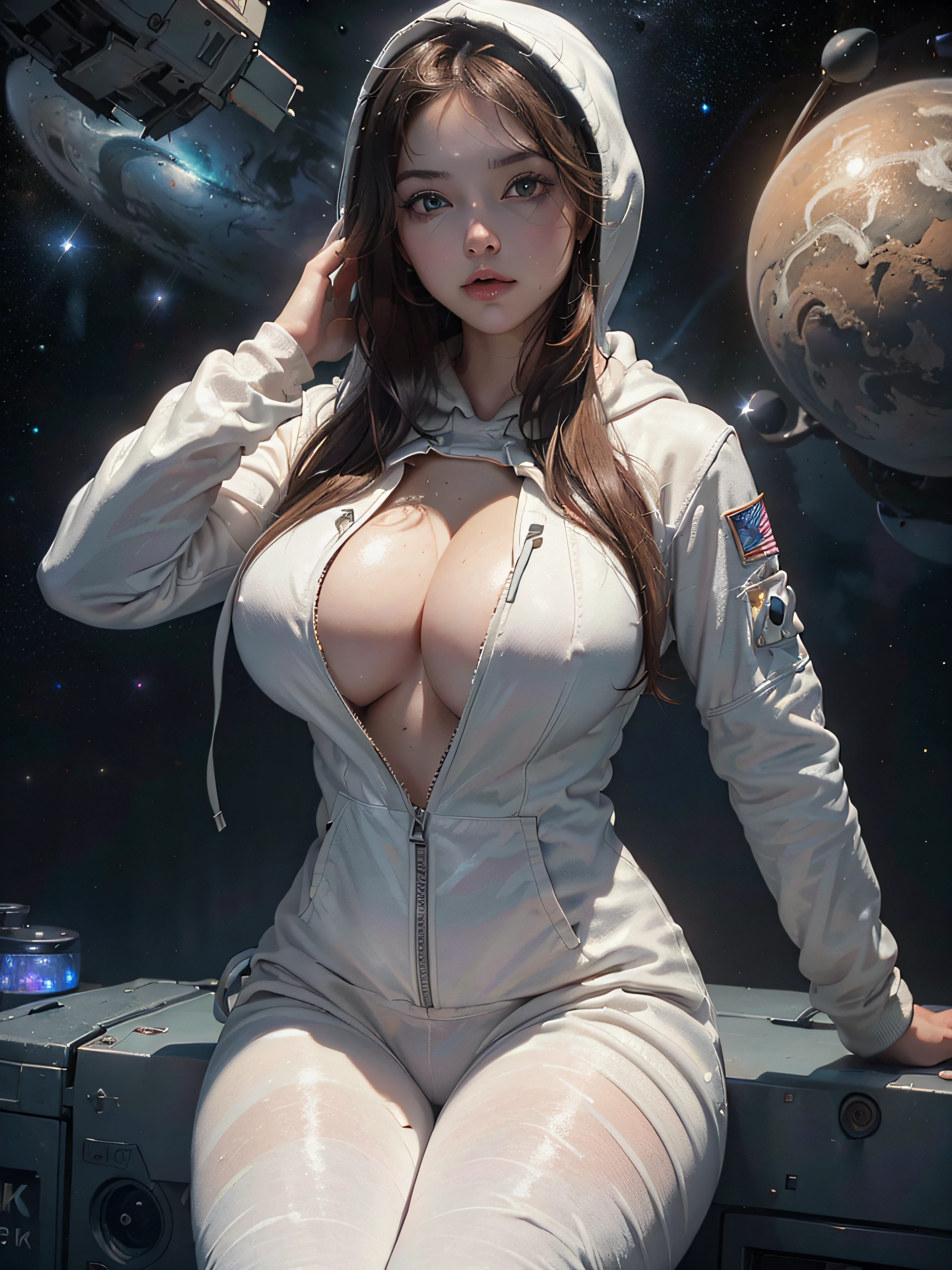 (8K, best quality, high-resolution:1.35),(Raw photo:1.2), (Photorealsitic:1.37), (masterpiece: 1.25), (Sweatiness:1.0), dramatic lighting, photon mapping, radiosity, symmetry, complexity, elegance, ((1 girl)), medium breast, long brown hair, blue eyes: 1.2, (long eyelashes), eye shadow, natural makeup, clear facial features, curvy build, (exposed cleavage), (showing stomach), ((sexy white spacesuit with hoodie: 1.43)), (on space station, space background, nebulae, stars and planets)