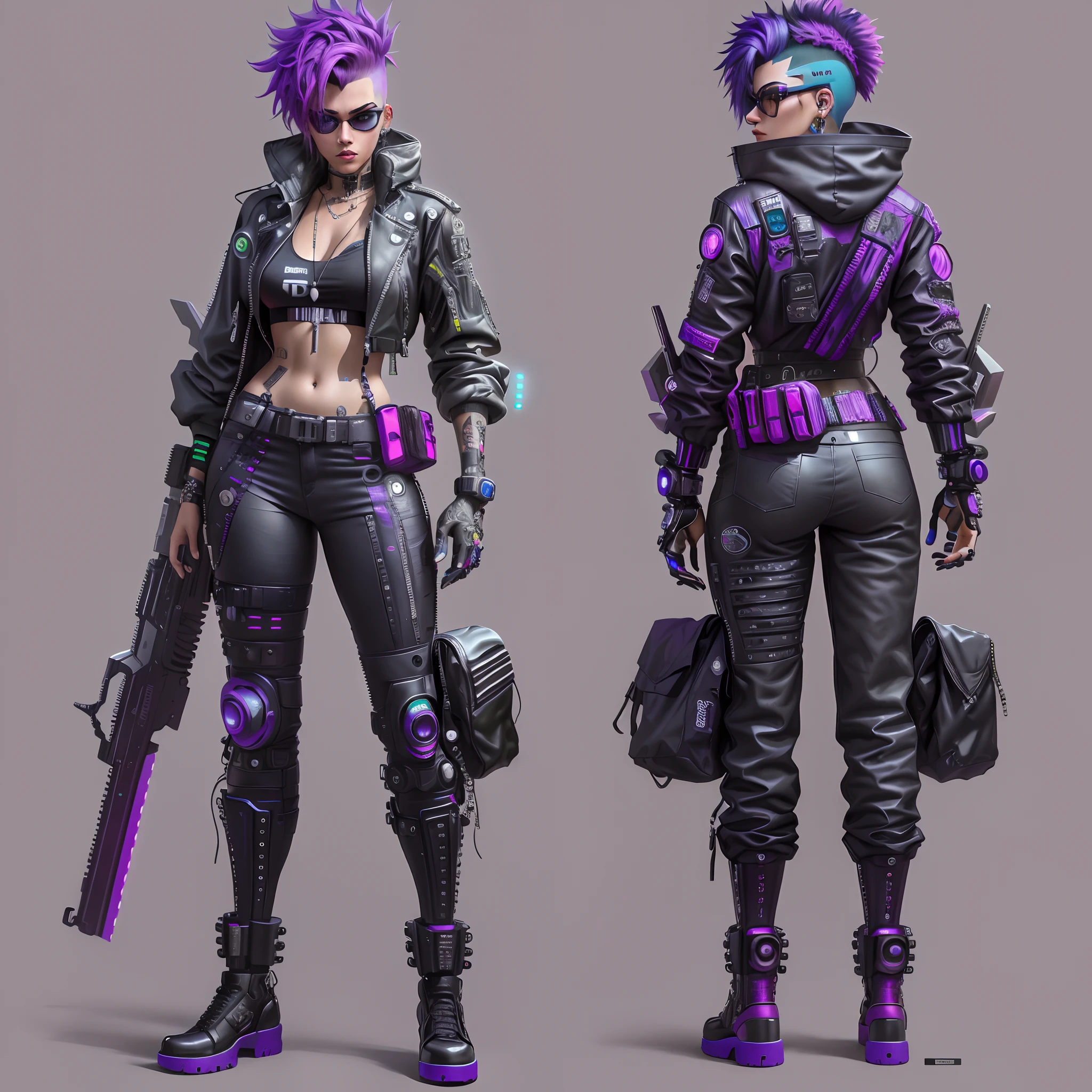 um close up de duas poses diferentes de uma mulher com cabelo roxo, mechanic punk outfit, design de personagens cyberpunk, personagem cyberpunk, roupas cyberpunk, roupa cyberpunk, arte do personagem cyberpunk, roupa estilo cyberpunk, diesel punk female, cyberpunk feminino, roupas de moda cyberpunk, roupas cyberpunk, Arte conceitual de personagens 8K, cor estilo cyberpunk, Arte conceitual de personagens 8k, arte conceitual