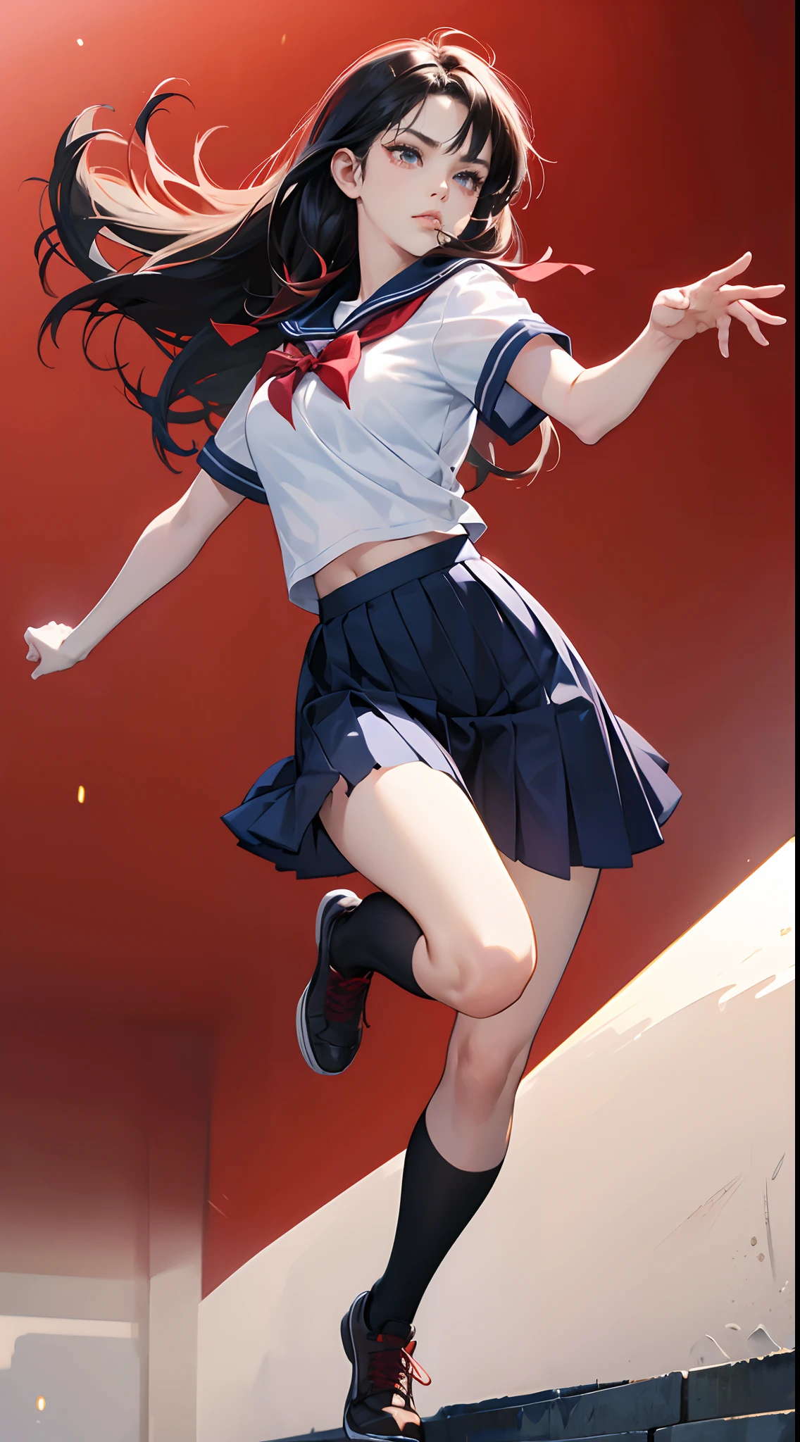 (Best Quality,4K,High resolution:1.2), Ultra-detailed, Photorealistic, Girl with red mesh hair with black hair, Long straight hair, Cool Girl, Sharp eyes, fierce look, Posture suitable for battle scenes, Jumping Kick, Cool kick motion,,Kicking, Intricately detailed, Realistic portrayal, Delicate skin texture to the smallest detail, Classroom background, High school students, School uniform, Navy blue skirt, Summer attire, Short sleeves.