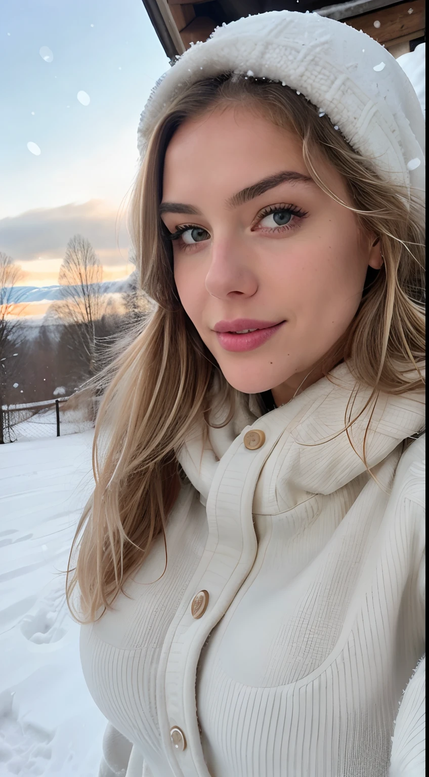 photorealistic, best quality, hyper detailed, beautiful woman with natural blonde hair, selfie photo, upper body, solo, wearing winter attire, outdoors, (daytime), snowy landscape, snowflakes, (joyful), skin texture with perky 30G boobs visible under clothing, film grain, close up, ultra high res, best shadow, RAW, instagram LUT