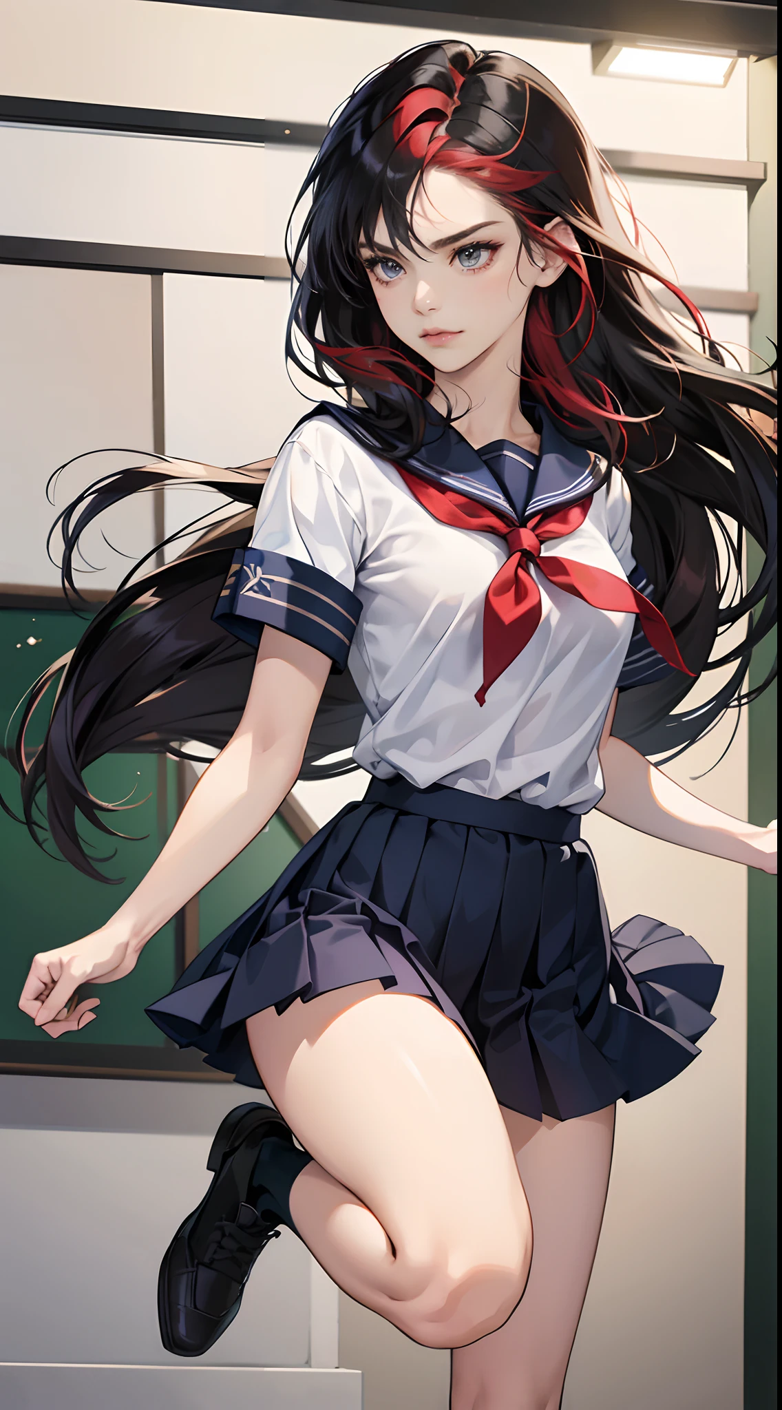 (Best Quality,4K,High resolution:1.2), Ultra-detailed, Photorealistic, Girl with red mesh hair with black hair, Long straight hair, Cool Girl, Sharp eyes, fierce look, Posture suitable for battle scenes, Jumping Kick, Cool kick motion,,Kicking， Intricately detailed, Realistic portrayal, Delicate skin texture to the smallest detail, Classroom background, High school students, School uniform, Navy blue skirt, Summer attire, Short sleeves.