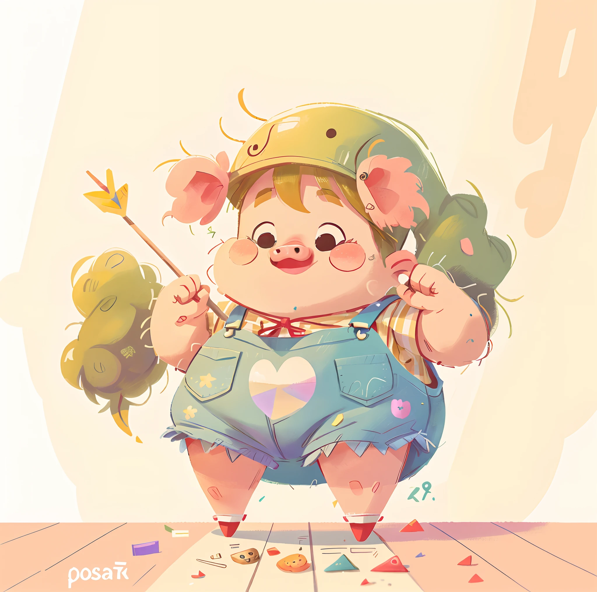 Happy pig, dressed in green overalls, happy, happy, love shape arrow pearcing thru body, perfect quality, clear focus (clutter - home: 0.8), (masterpiece: 1.2) (Realistic: 1.2) (Bokeh) (Best quality) (Detailed skin: 1.3) (Intricate details) (8K) (Detail eyes) (Sharp focus), (Happy)