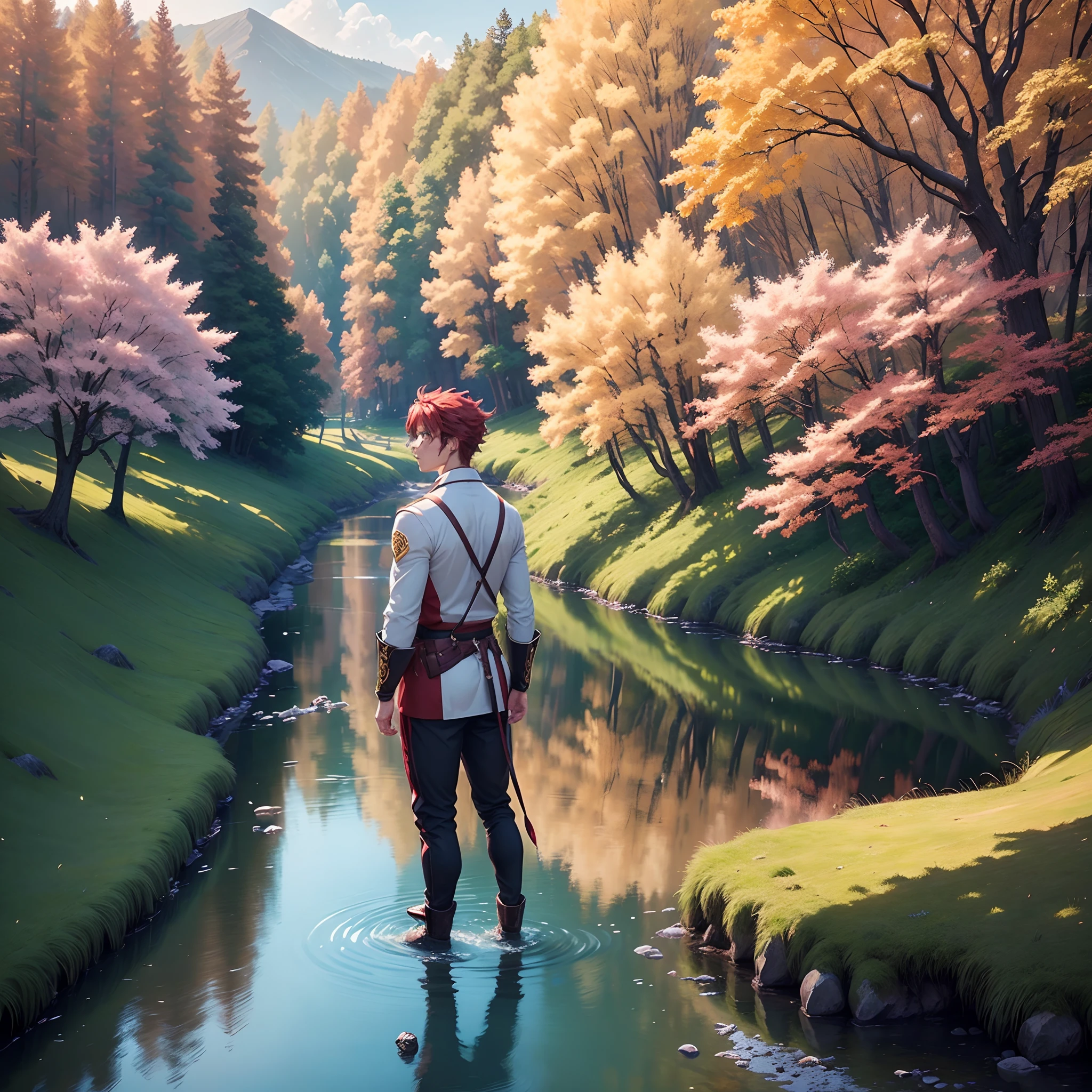 ((masterpiece, bestquality)), ultra-detail, official art, Unity 8k壁纸, Official Costume, Handsome young man, bara, perfect face, oily shiny skin, Sparkling students, Choose hair dyed red., daylight, The background is a fire red maple forest., Maple leaf, riverside, Wooden bridge, aesthetic, (upon_body)Draw a river with a small village, anime beautiful peace scene, Very beautiful landscape., Landscape art, Landscape Art Details, Very beautiful digital art., The beauty of natural landscapes, UHD 4K beautiful art, Very beautiful photos., beautiful nature, landscape wallpaper, really beautiful nature, beautiful digital artwork, beautiful background, Cherry trees, Anime style