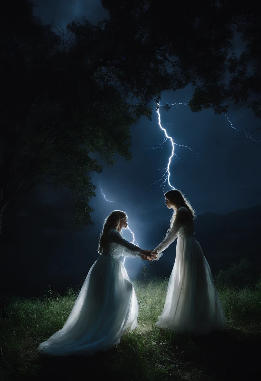 Lightning illuminates the night sky, revealing the Hollowed Maidens reaching for Emily and Lily with ghostly hands, their fingers almost ethereal. This is a pivotal and haunting moment in the story.. Only mention main image