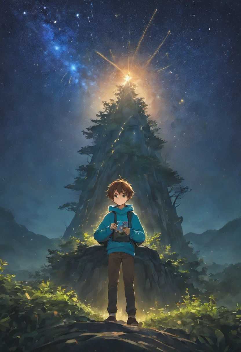 Anime Boy 14 year old, in blue hoodie, brown hair, black jeans, backpack, starry sky, sitting on floating land tree shading him, meticulously detailed, 4K, moody, dreamy, camera focus on starry sky and foggy surroundings
