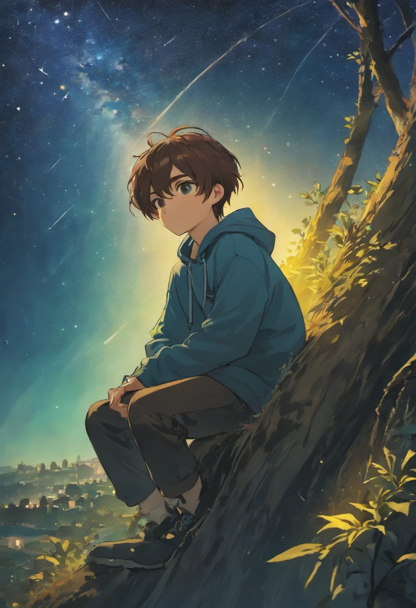 Anime , in blue hoodie, brown hair, black jeans, backpack, starry sky, sitting on floating land tree shading him, meticulously detailed, 4K, moody, dreamy, camera focus on starry sky and foggy surroundings