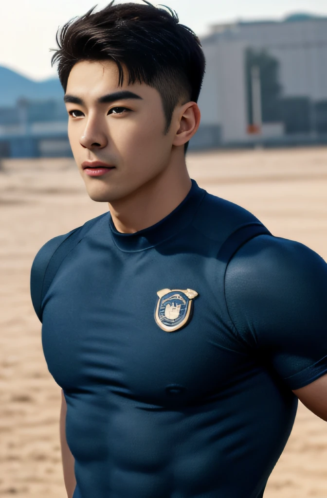 20-year-old boy ,Korean male officer ,Thin mustache...,handsome ,,Blue round neck bodysuit with short sleeves camouflage ,Police Logo ,Tactical vest with weapons ,Wear navy gloves......................... , tight breasts
,Muscle Man , ((The arm muscles are very large..........................)) ,large boobs , Hands tied behind his back...., Wide shoulders ,open legs ,Hold the bulge firmly with both hands.......................... ,Large long bulge ,Sexually suggestive, (Dynamic Poses:1.1) , thights , (Embossed Focus:1.2), ,All three..................... ,daylight ,wasteland , Best qualtiy
, Wide lens ,deep depth of field ,Bokeh background