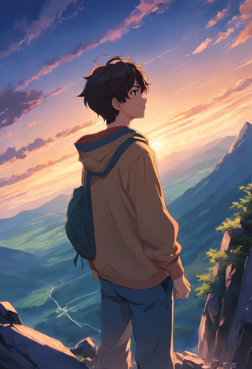 A boy with darkness who has immensive power who slaughtered a clan standing with a great tragic style with no regrets attitude on top of the mountain.