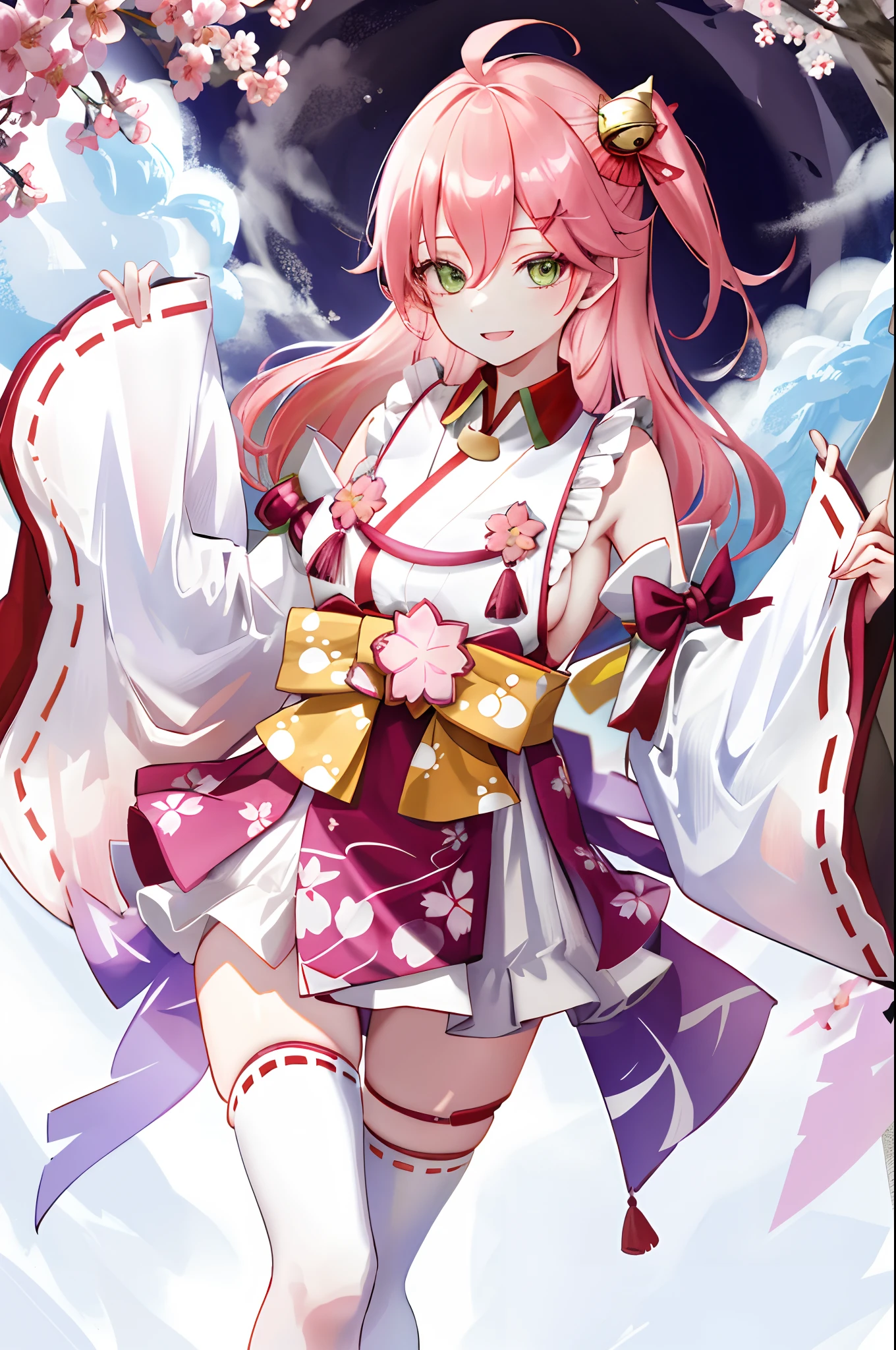 masterpiece, best quality, highres, miko1, sakura_miko, 1girl, green eyes, solo, ahoge, x_hair_ornament, pink_hair, floral print, hairclip, (sideboob:1.4), hair_bell, floral print, long_hair, hair between eyes, one side up, white thighhighs, asymmetrical legwear, wide sleeves, open_mouth,happy,close_eyes, smile,dynamic_posing,rising_leg,plump,apart_legs,(overly_long_sleeves:1.1),(beautiful_fingers),sleeves_past_wrists,hands_hidden_sleeves